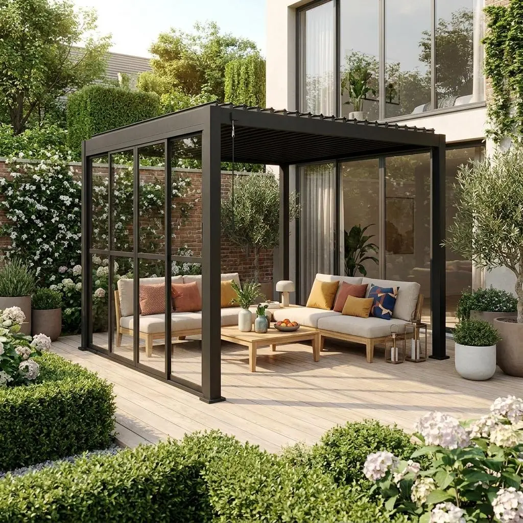 Porte coulissante 3m pergola bioclimatique aluminium 3x3m 4x3m et 6x3m Triomphe