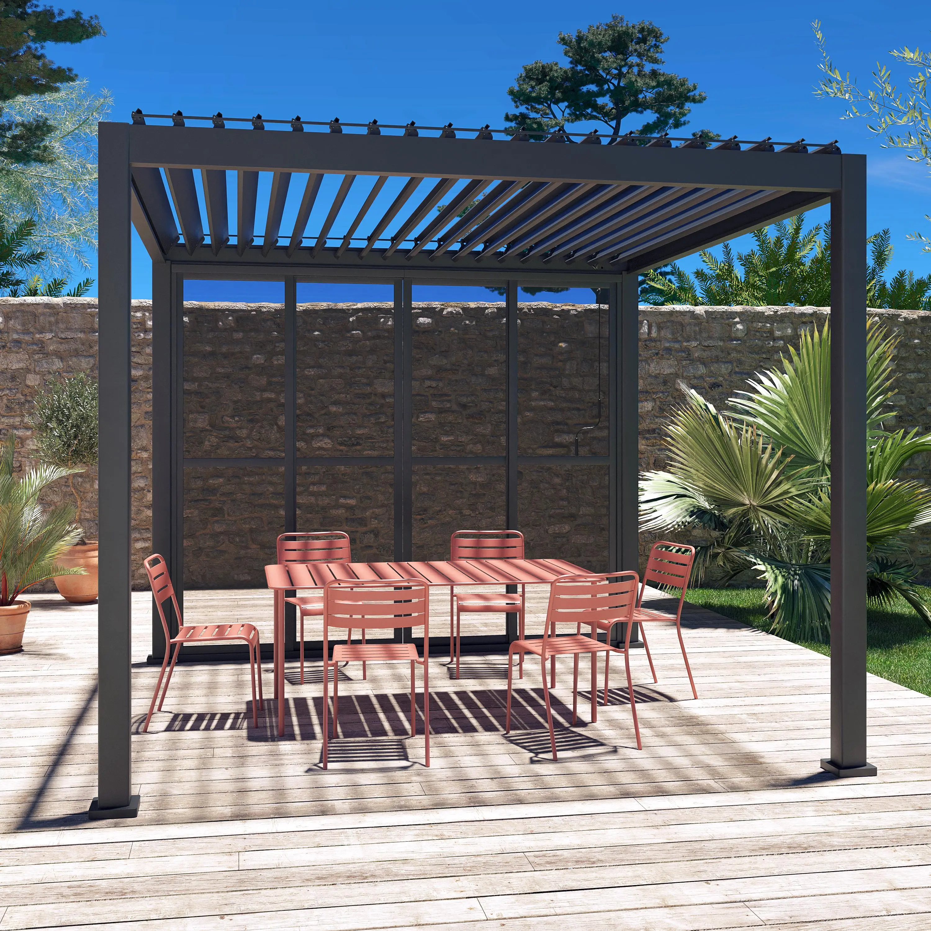 Porte coulissante 3m pergola bioclimatique aluminium 3x3m 4x3m et 6x3m Triomphe