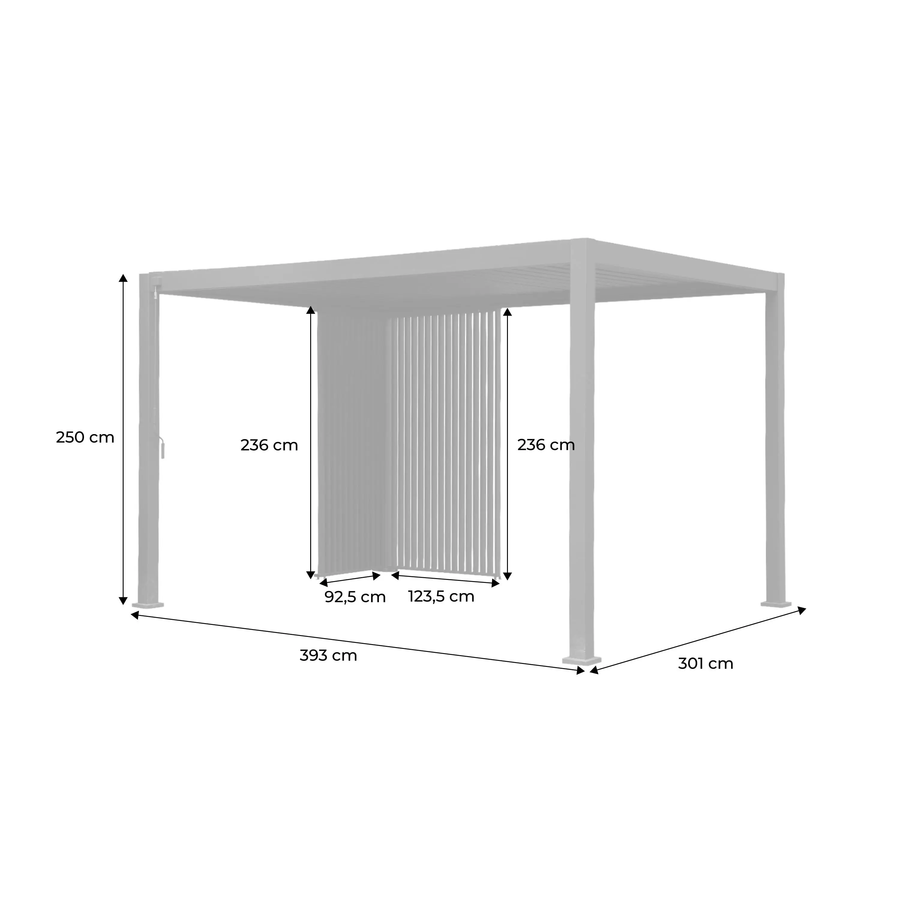 Pergola bioclimatique aluminium 4x3m + persiennes verticales 100cm et 130cm Triomphe