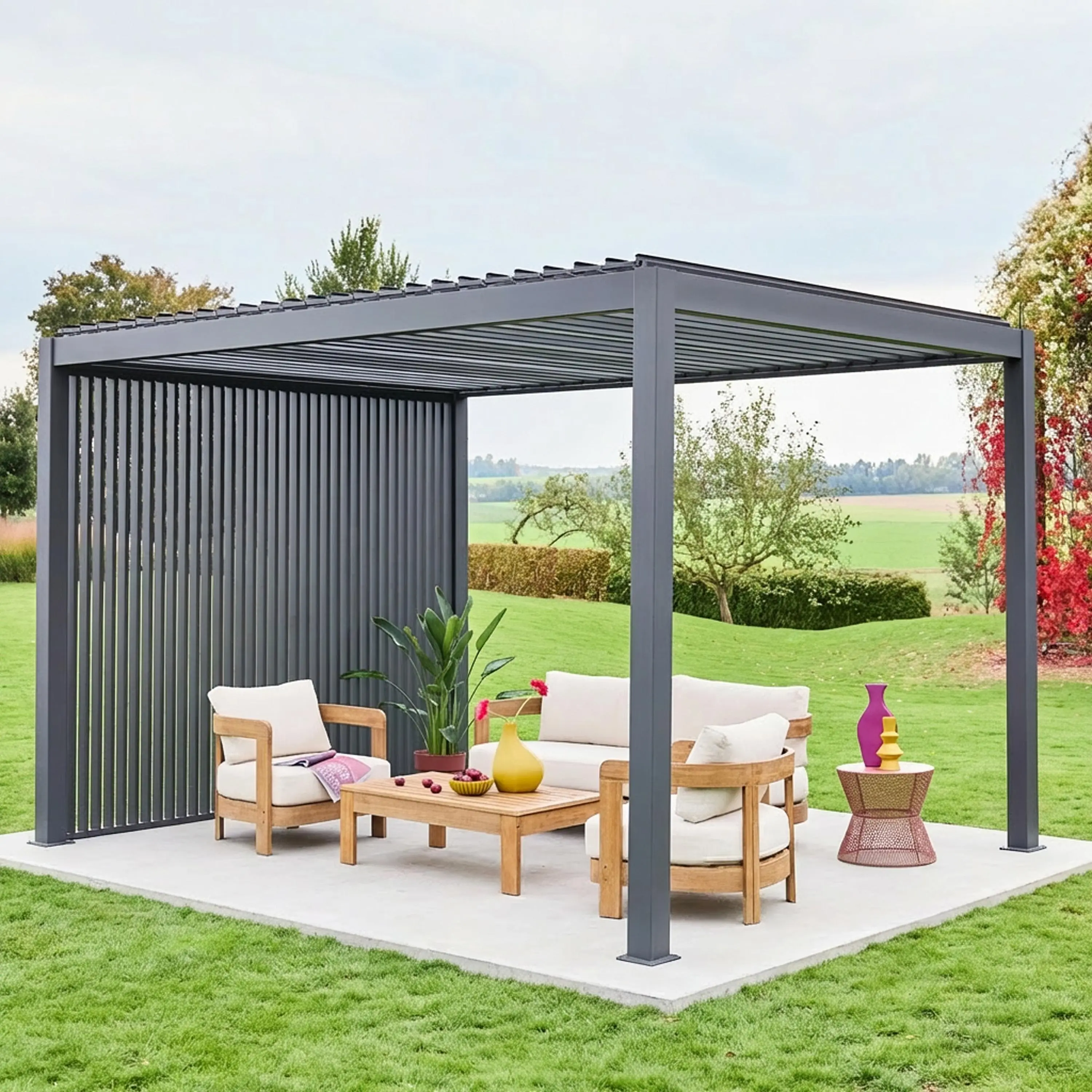 Pergola bioclimatique aluminium 4x3m + 3 persiennes verticales 100cm Triomphe