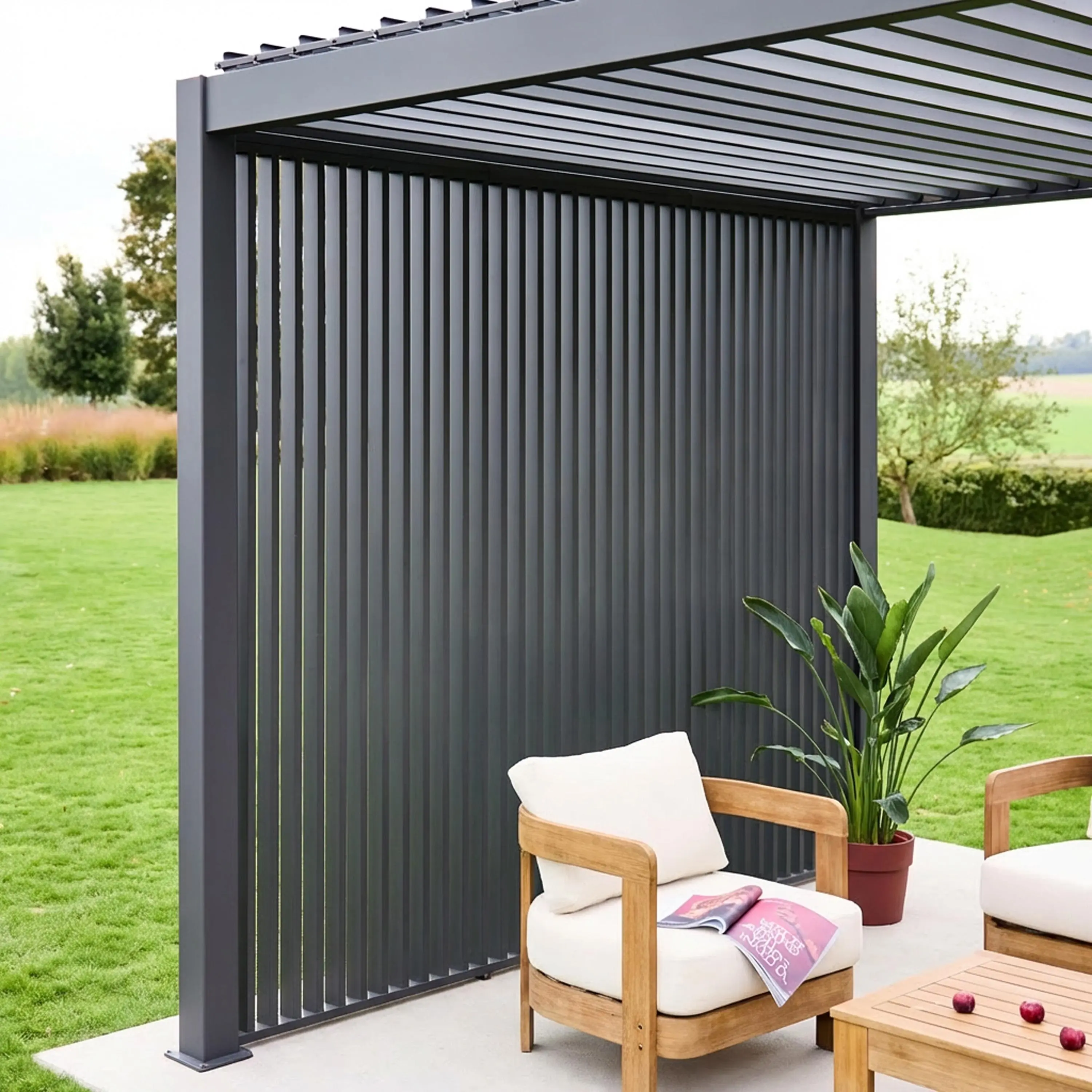 Pergola bioclimatique aluminium 4x3m + 3 persiennes verticales 100cm Triomphe