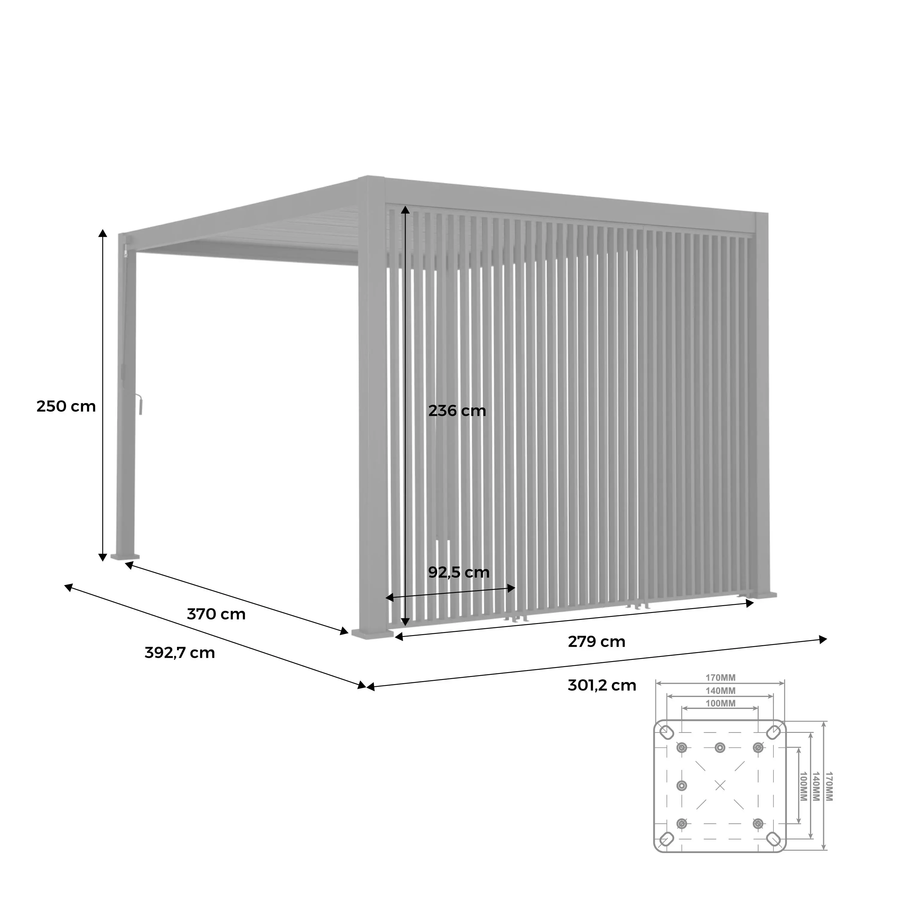 Pergola bioclimatique aluminium 4x3m + 3 persiennes verticales 100cm Triomphe