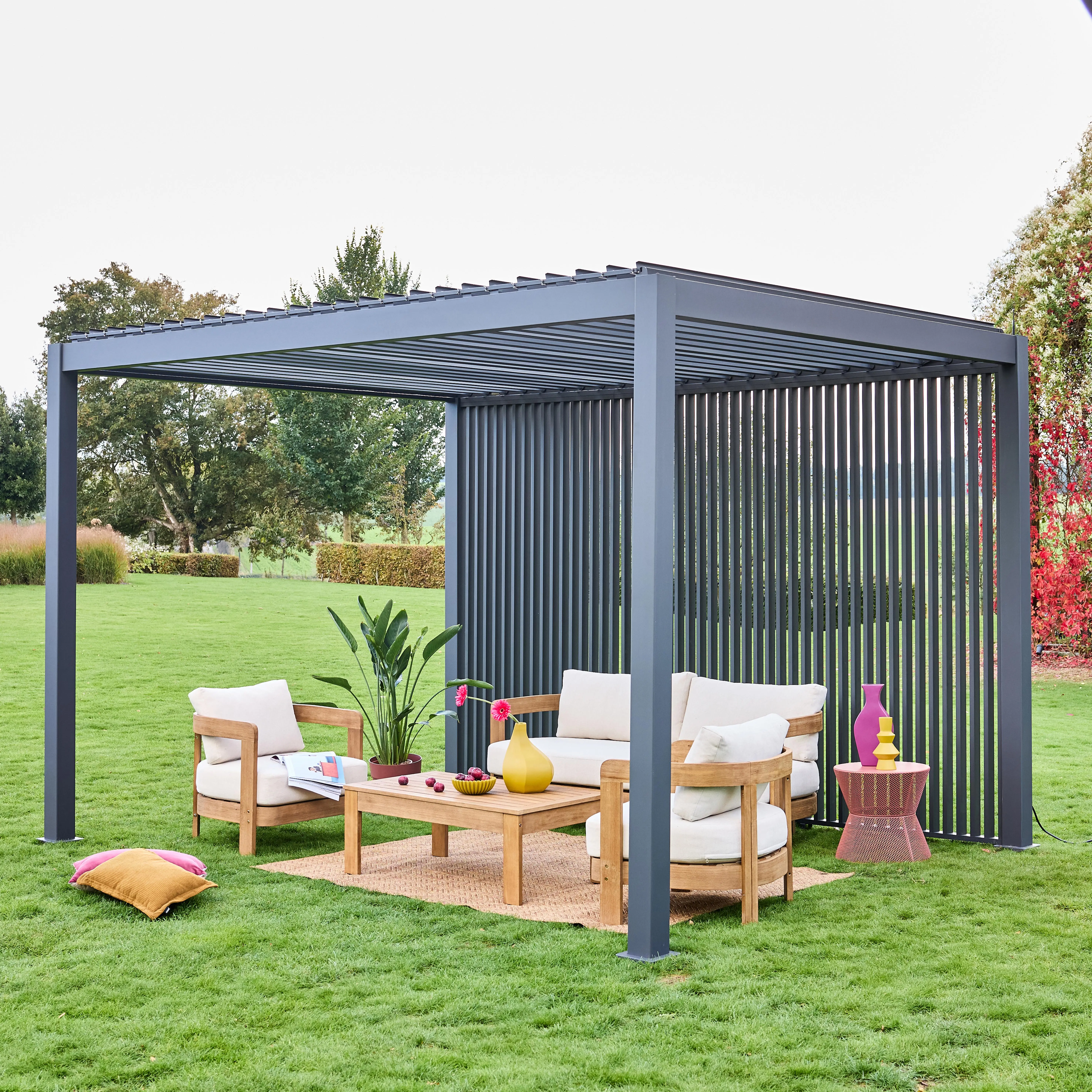 Pergola bioclimatique aluminium 4x3m + 3 persiennes verticales 130cm Triomphe