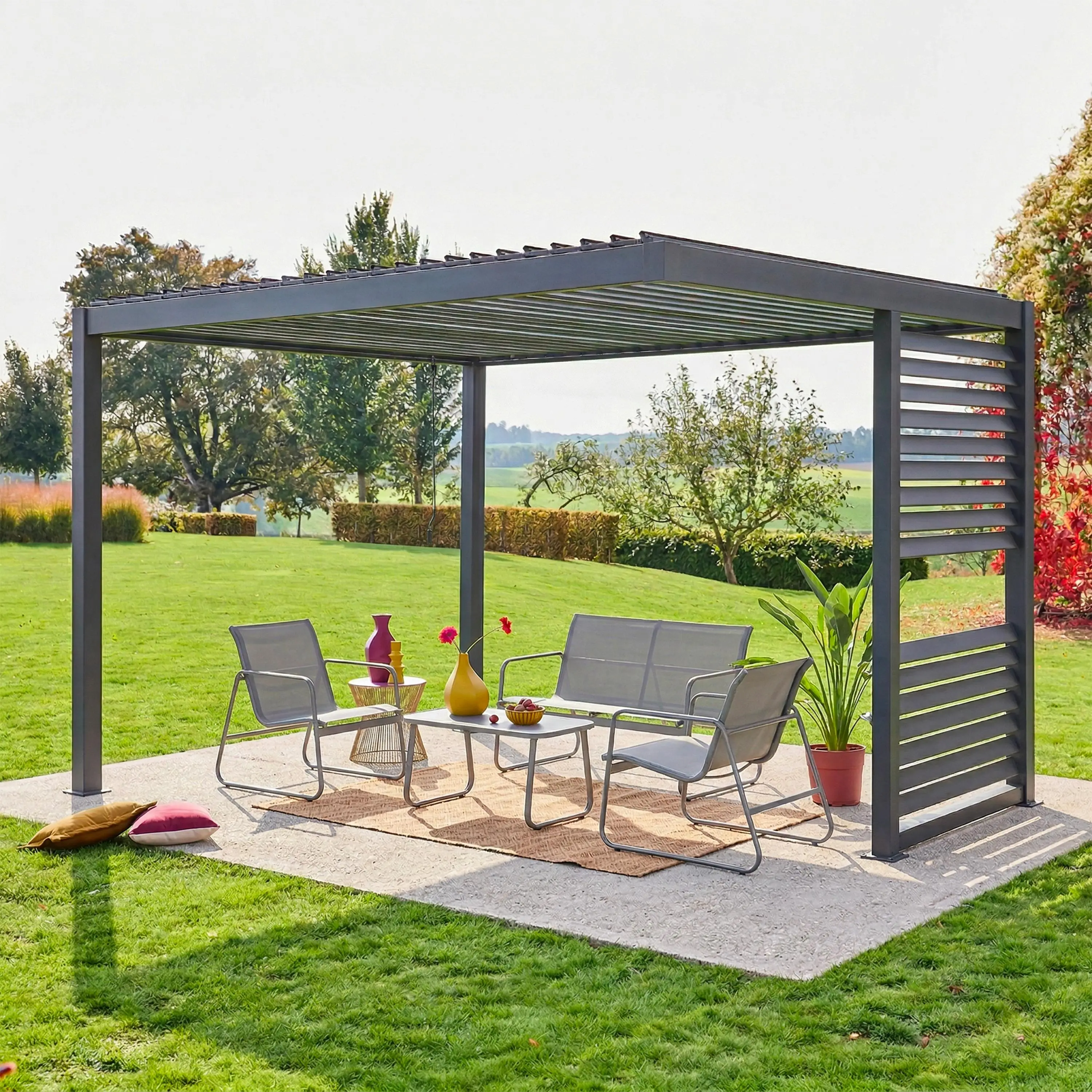 Pergola bioclimatique aluminium et acier lames orientables avec persienne intégrée 3,5x3,5m Palace