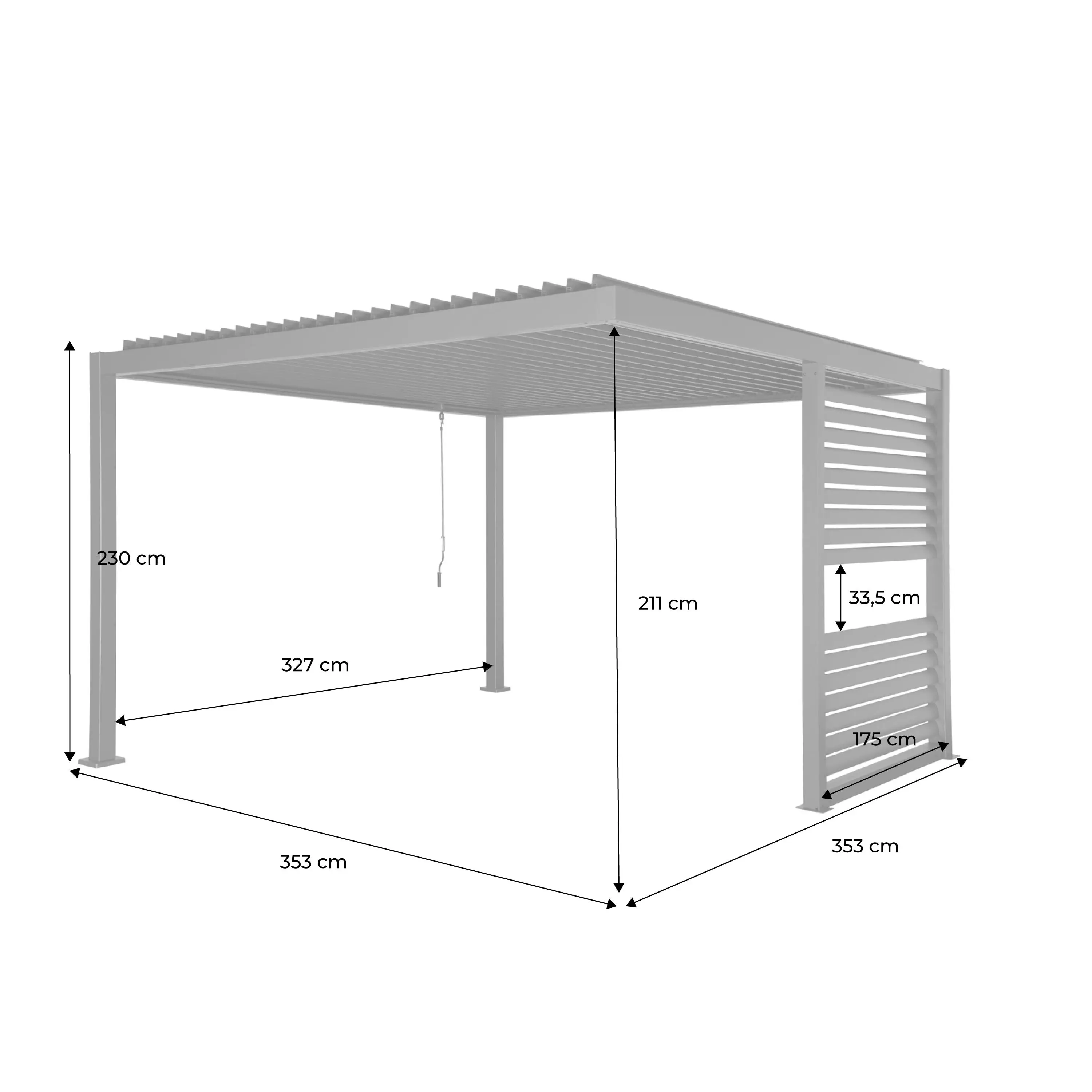 Pergola bioclimatique aluminium et acier lames orientables avec persienne intégrée 3,5x3,5m Palace