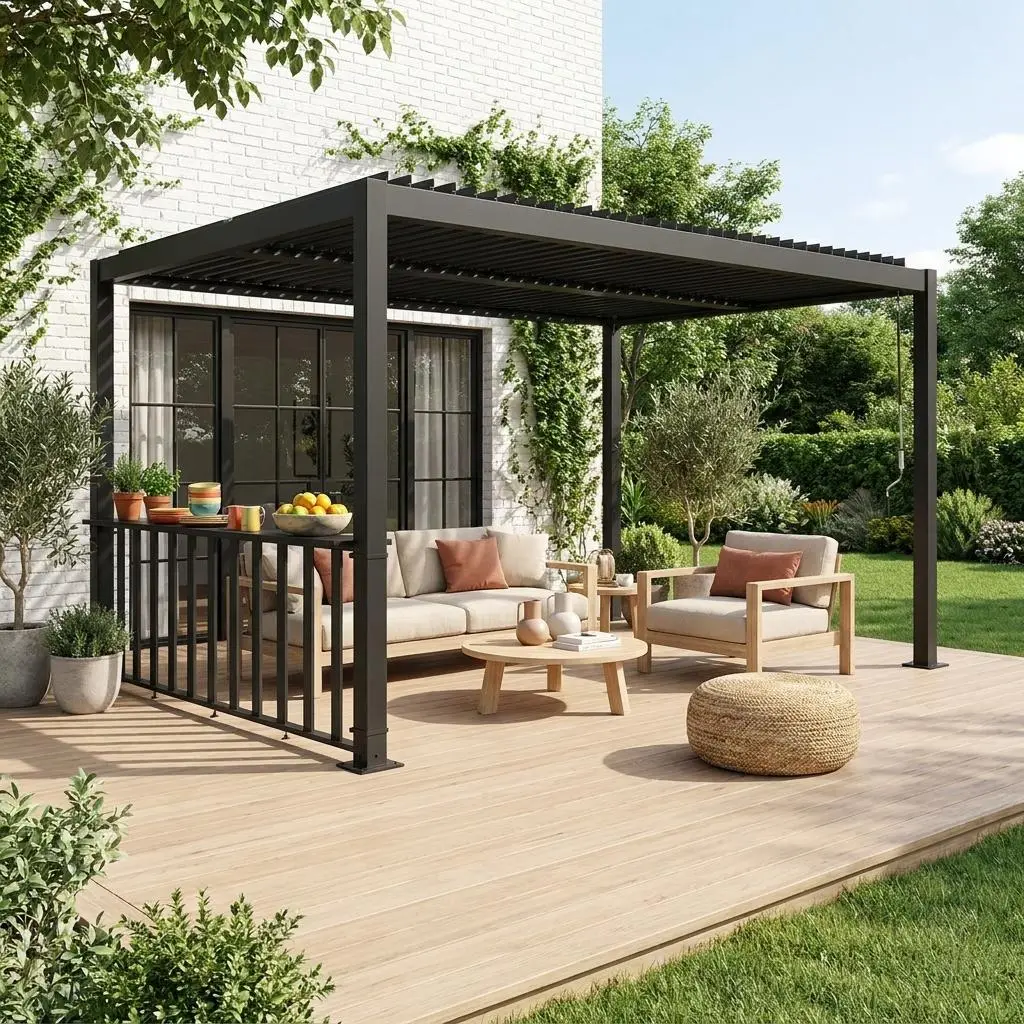 Pergola bioclimatique aluminium et acier 3x3m + bar 3m Palace
