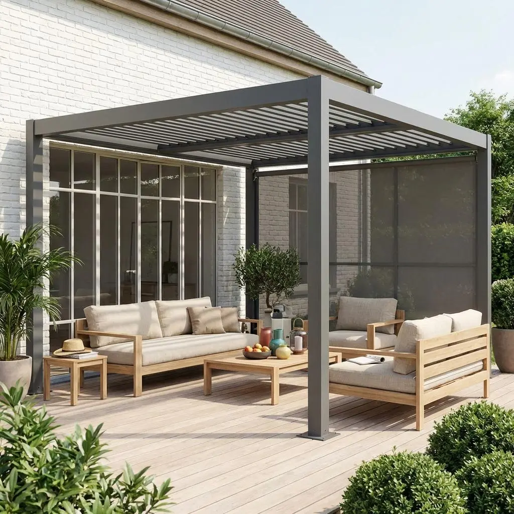 Pergola bioclimatique aluminium et acier 3x3m + auvent 3m Palace