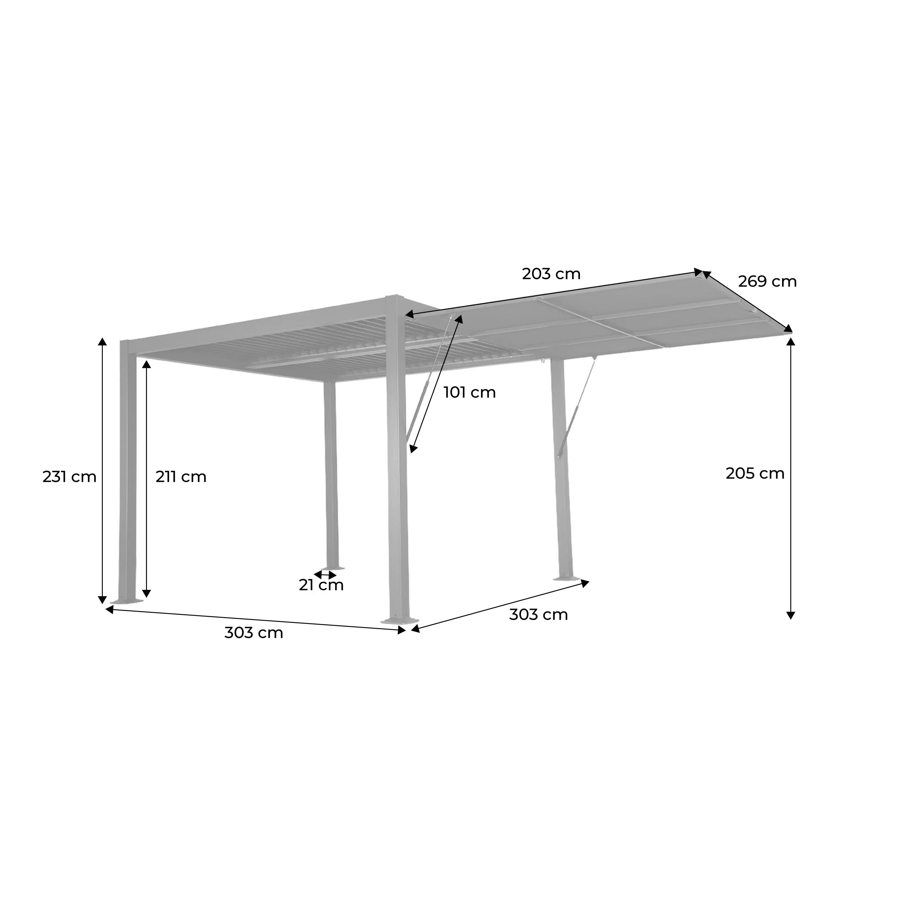 Pergola bioclimatique aluminium et acier 3x3m + auvent 3m Palace