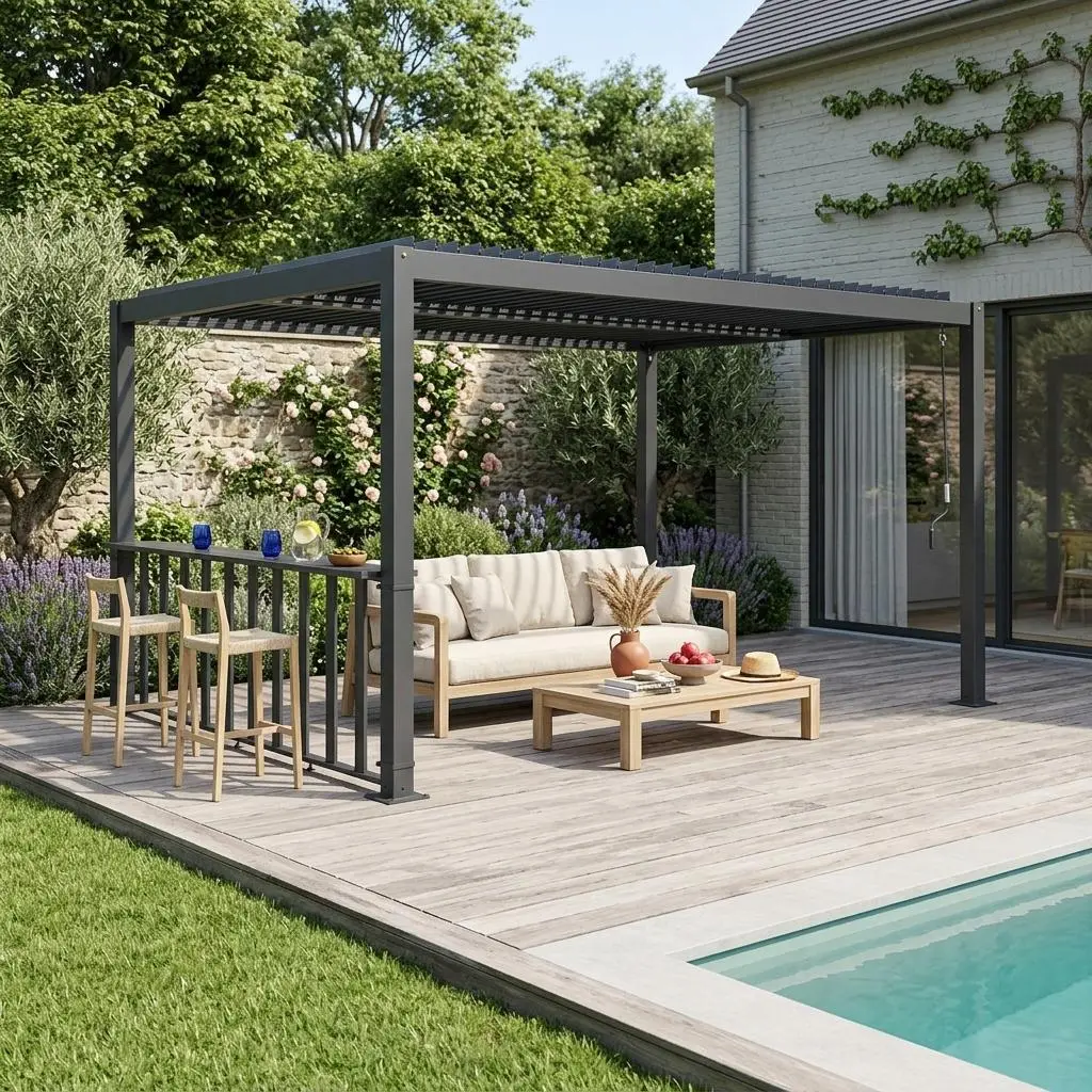 Pergola bioclimatique aluminium et acier 4x3m + bar 3m Palace