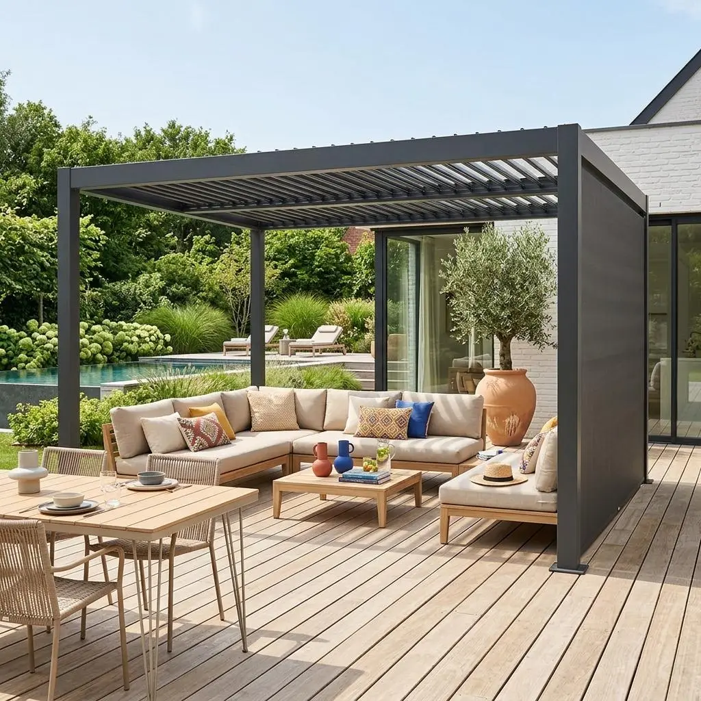 Pergola bioclimatique aluminium et acier 4x3m + auvent 3m Palace