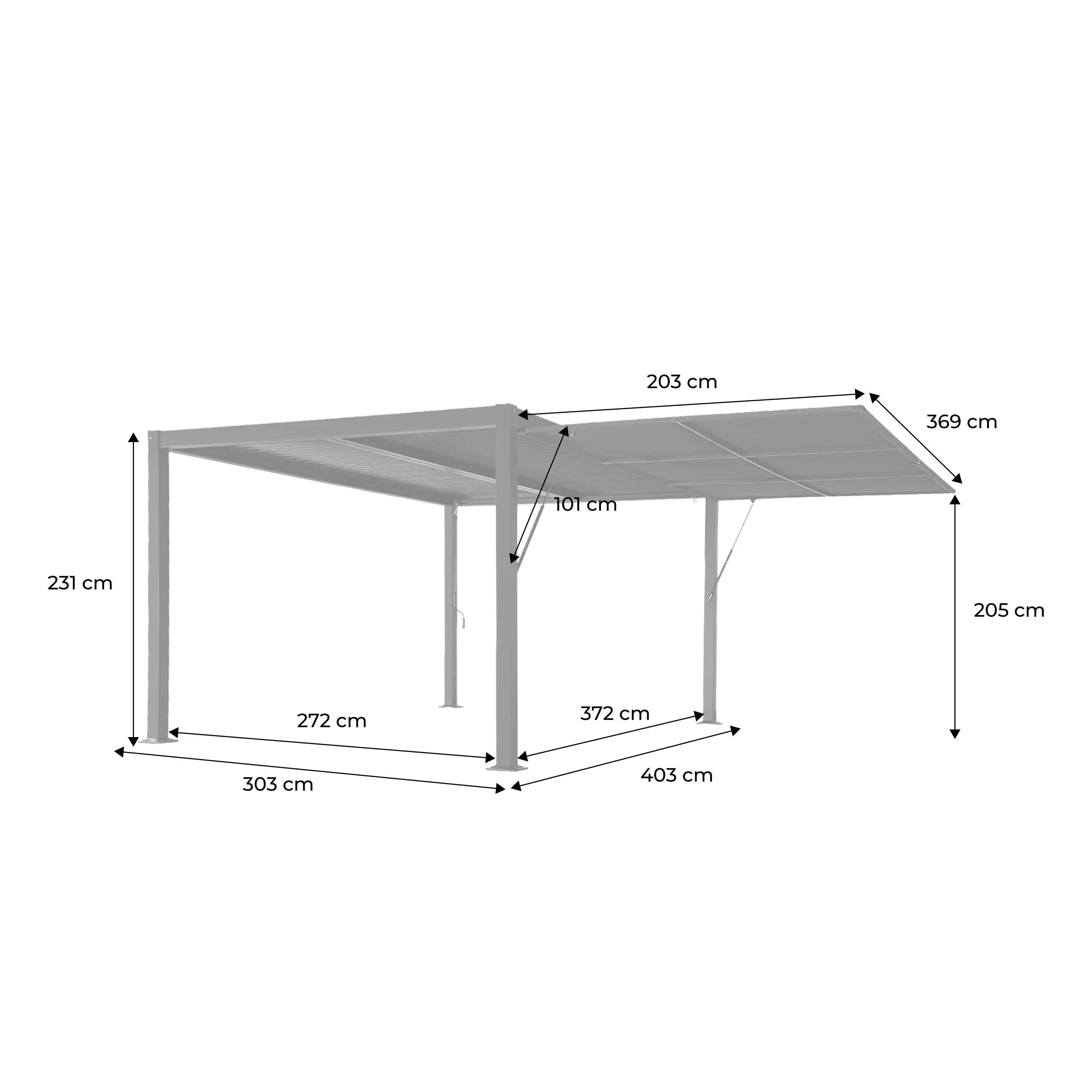 Pergola bioclimatique aluminium et acier 4x3m + auvent 4m Palace