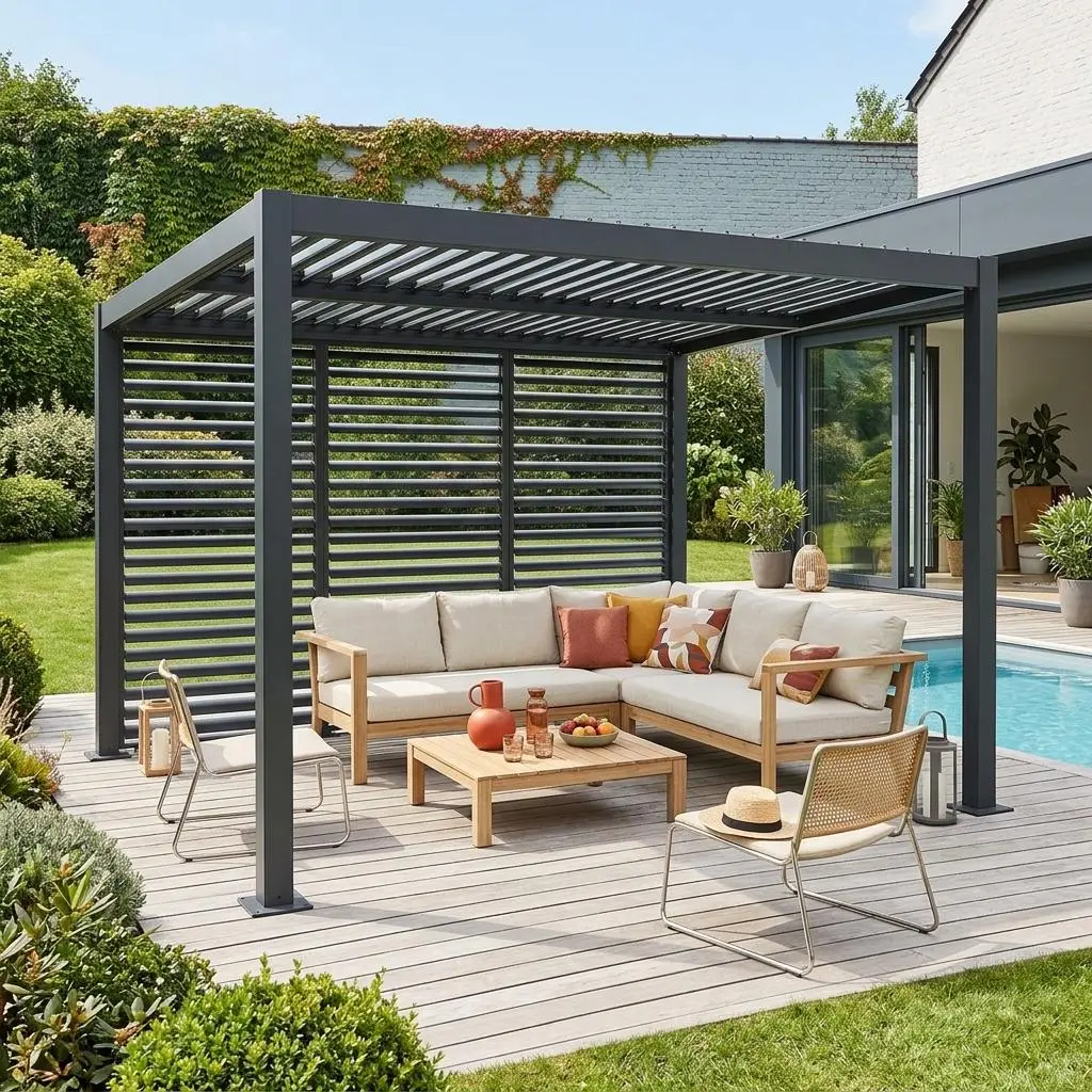 Pergola bioclimatique aluminium et acier 4x3m + 3 persiennes 130cm Palace