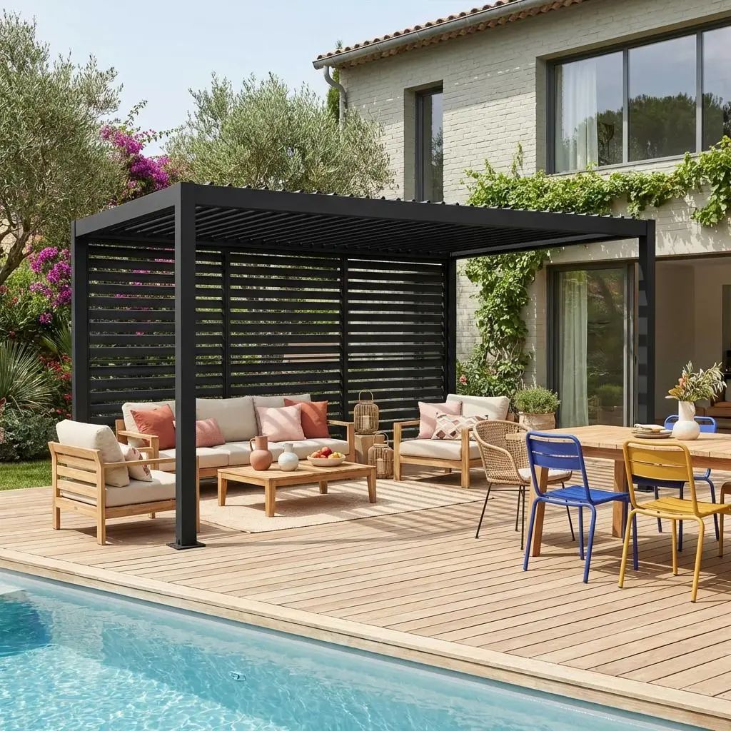Pergola bioclimatique aluminium et acier 4x3m + 3 persiennes 130cm Palace