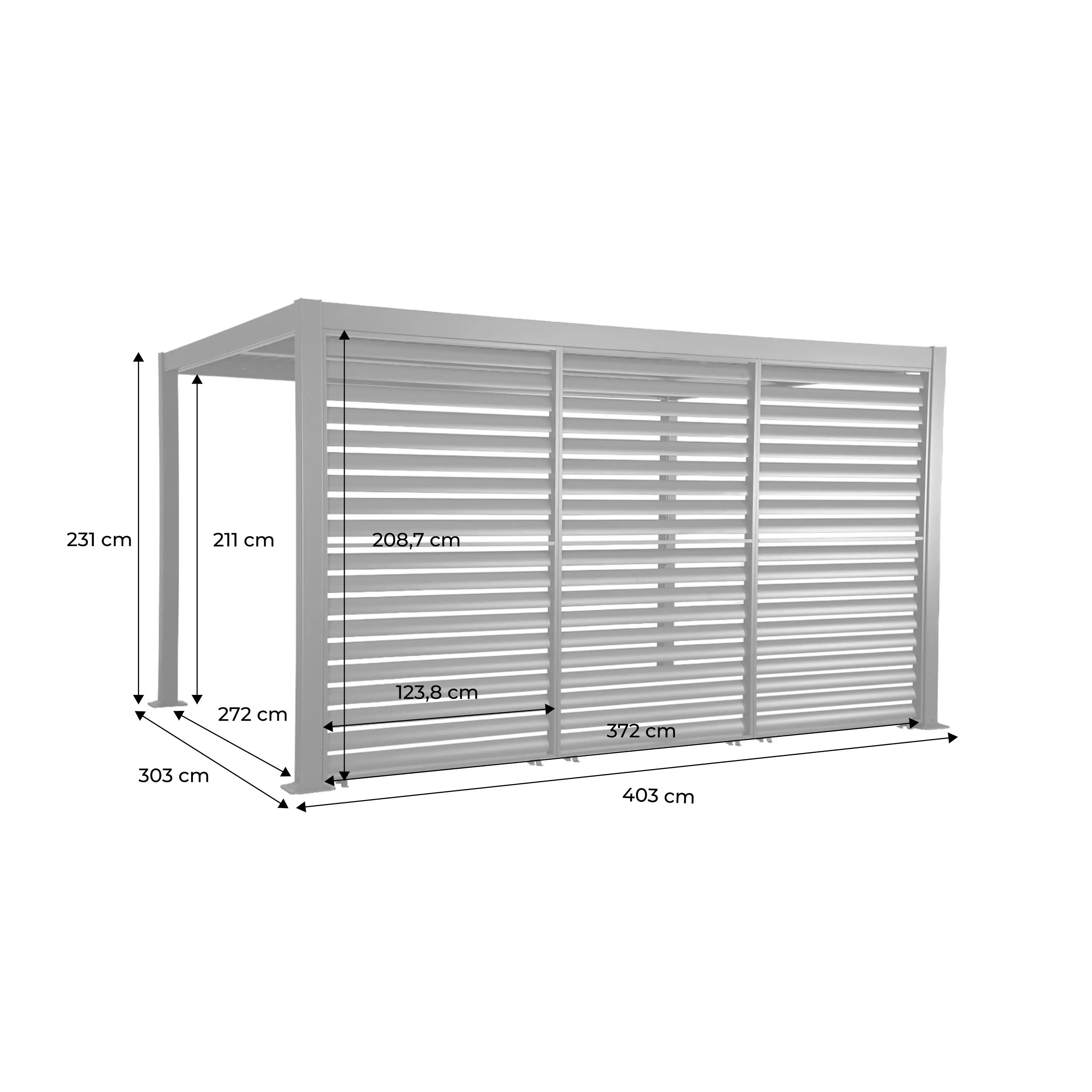 Pergola bioclimatique aluminium et acier 4x3m + 3 persiennes 130cm Palace