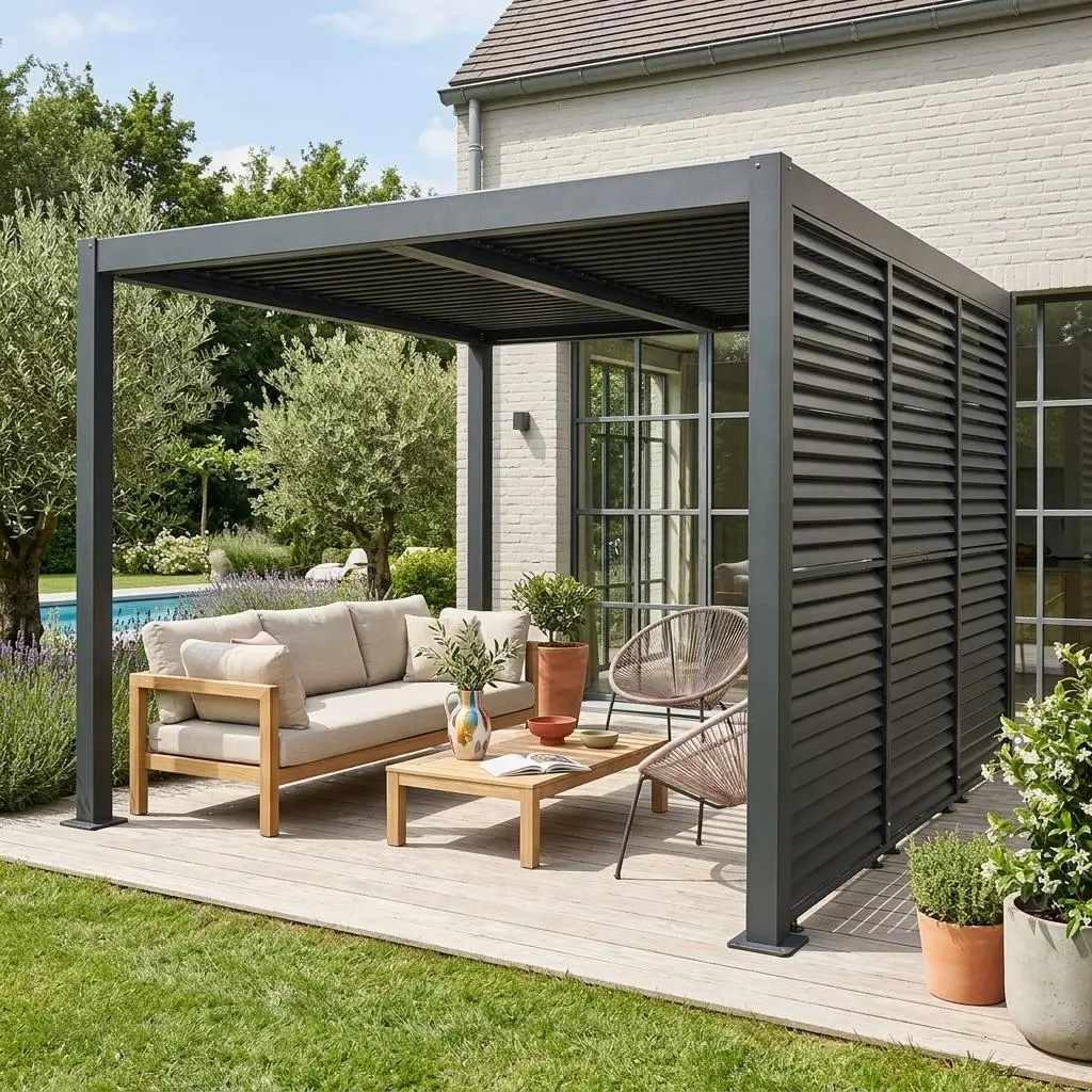 Pergola bioclimatique aluminium et acier 4x3m + 3 persiennes 130cm à lames orientables Palace