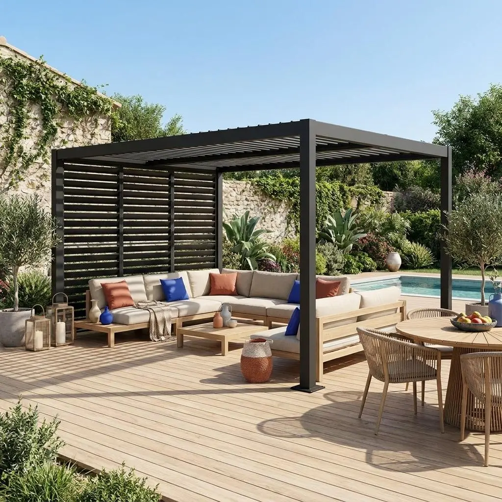 Pergola bioclimatique aluminium et acier 4x3m + 3 persiennes 100cm Palace