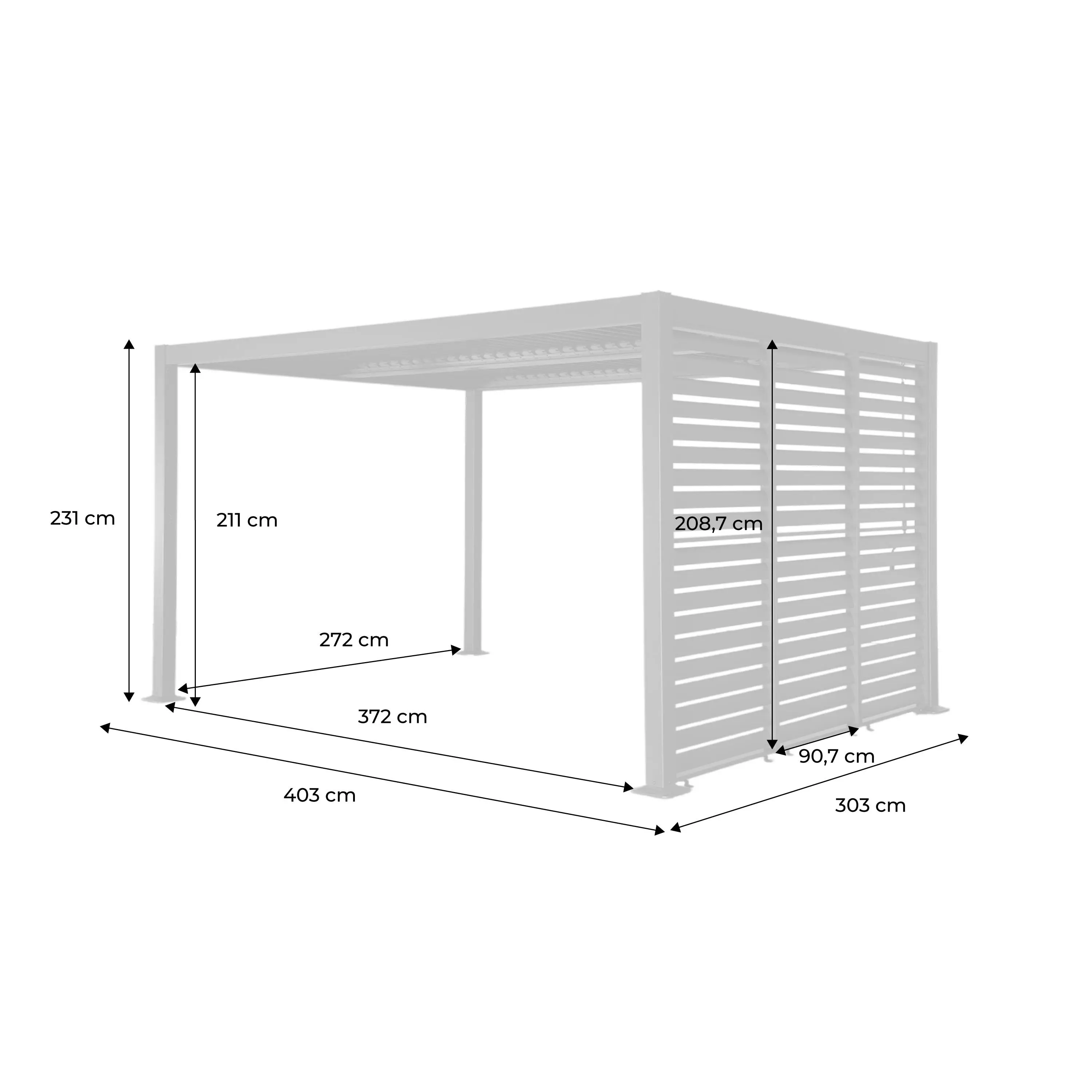 Pergola bioclimatique aluminium et acier 4x3m + 3 persiennes 100cm Palace