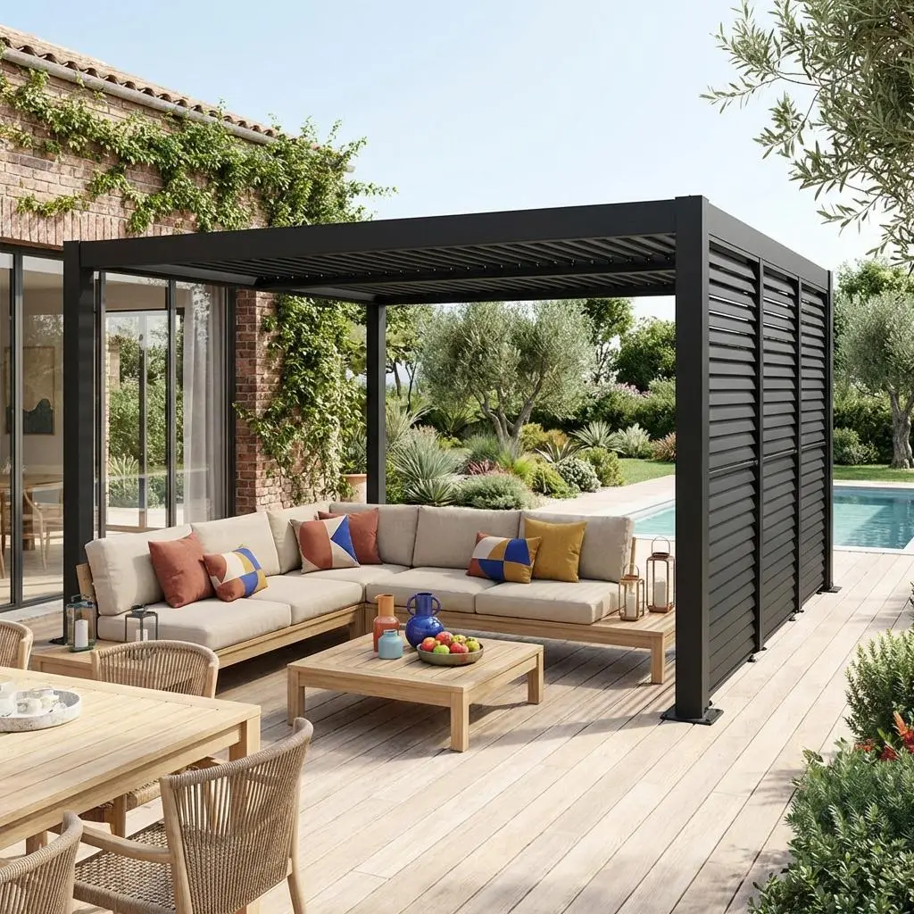 Pergola bioclimatique aluminium et acier 4x3m + 3 persiennes 100cm à lames orientables Palace