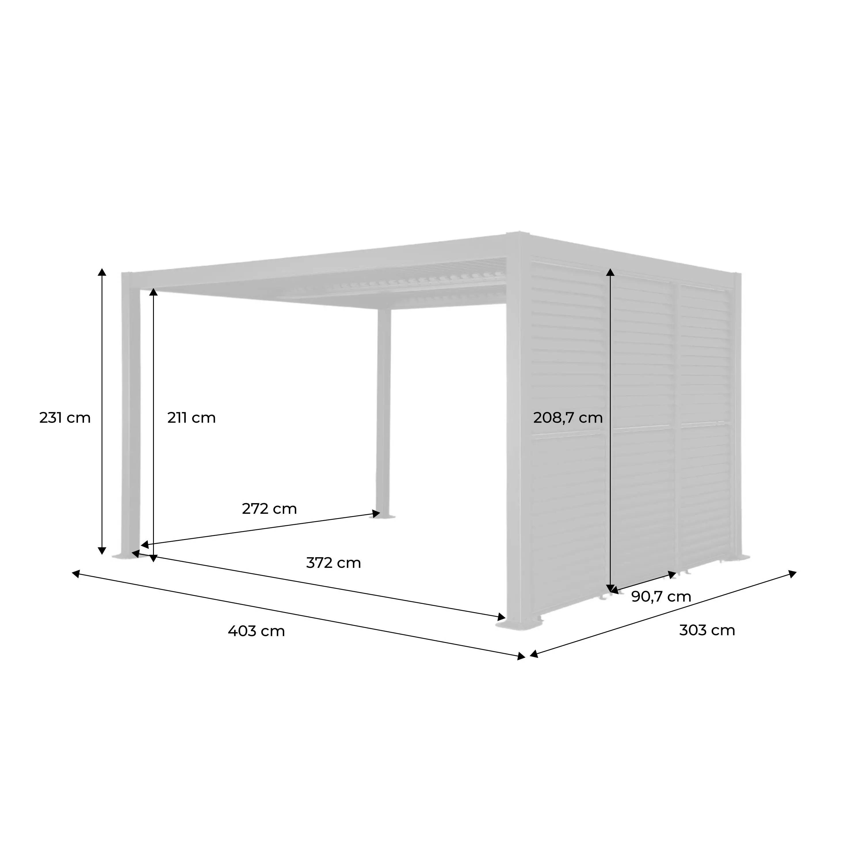 Pergola bioclimatique aluminium et acier 4x3m + 3 persiennes 100cm à lames orientables Palace