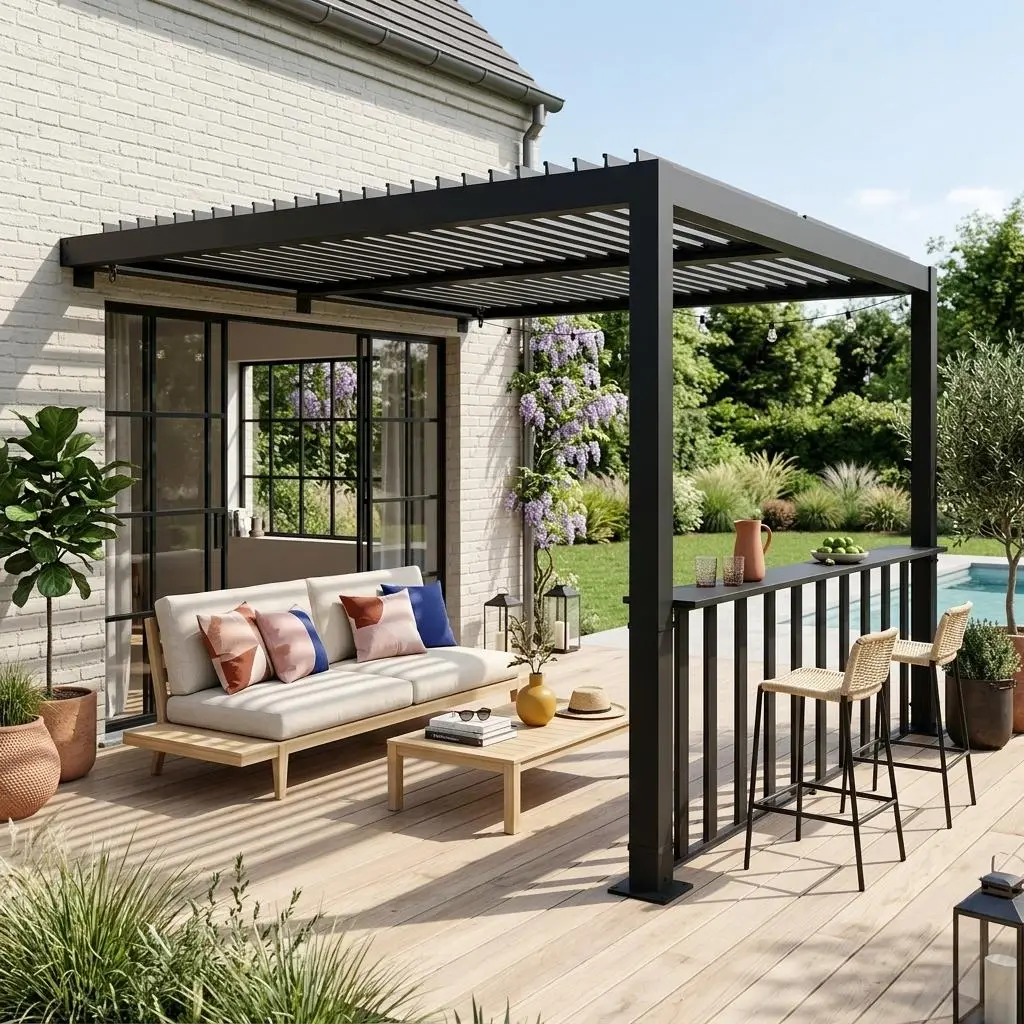 Pergola bioclimatique aluminium adossée 3x3m + 1 bar 3m Palace