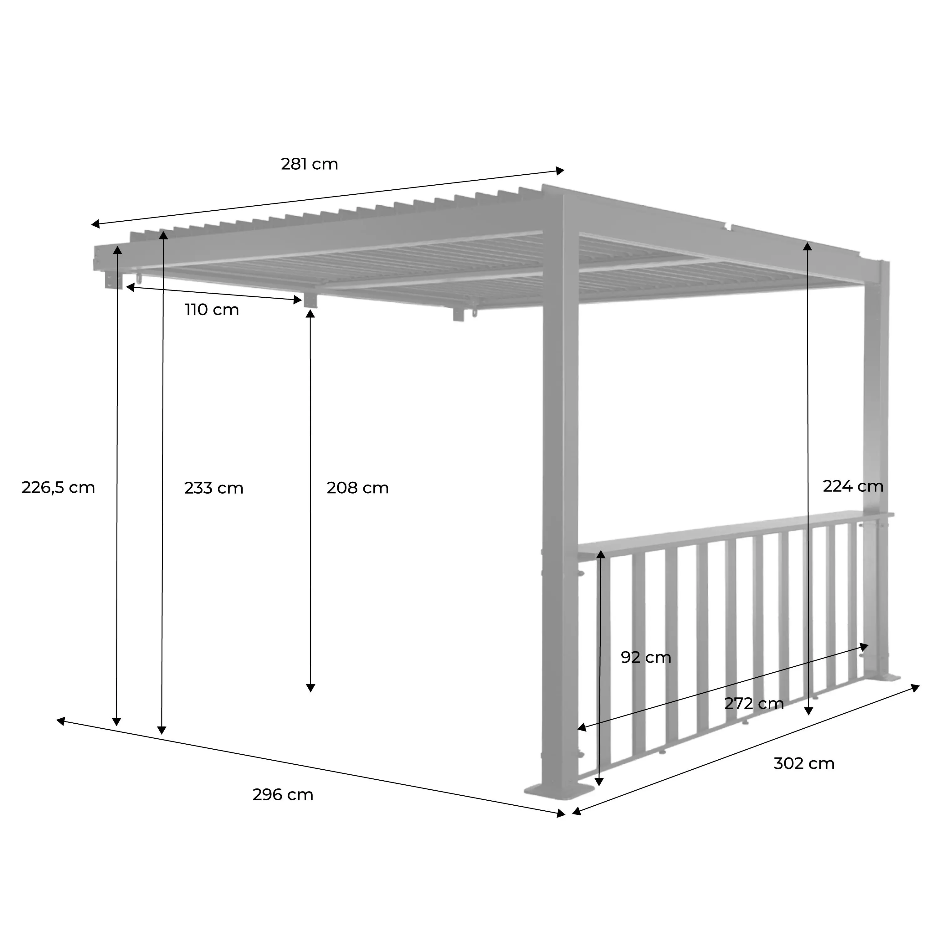 Pergola bioclimatique aluminium adossée 3x3m + 1 bar 3m Palace