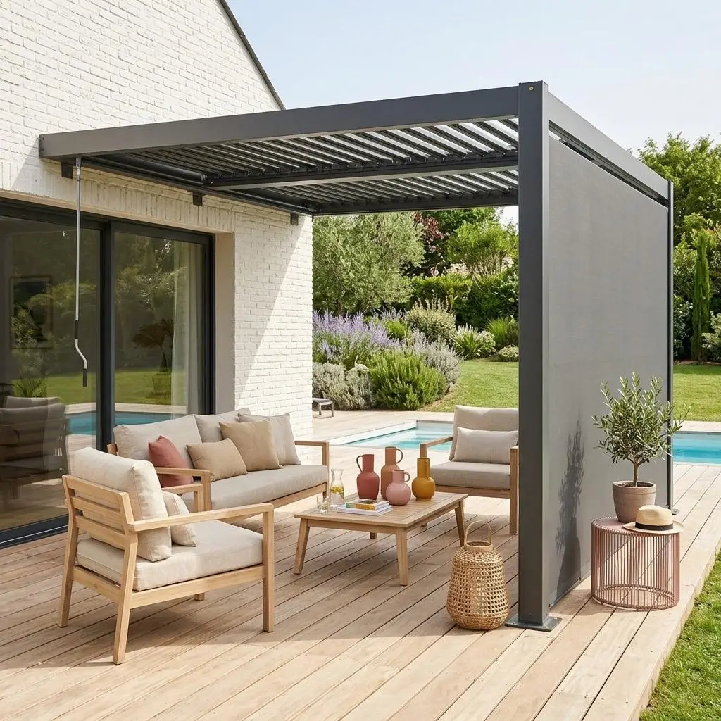 Pergola bioclimatique aluminium adossée 3x3m + auvent 3m Palace