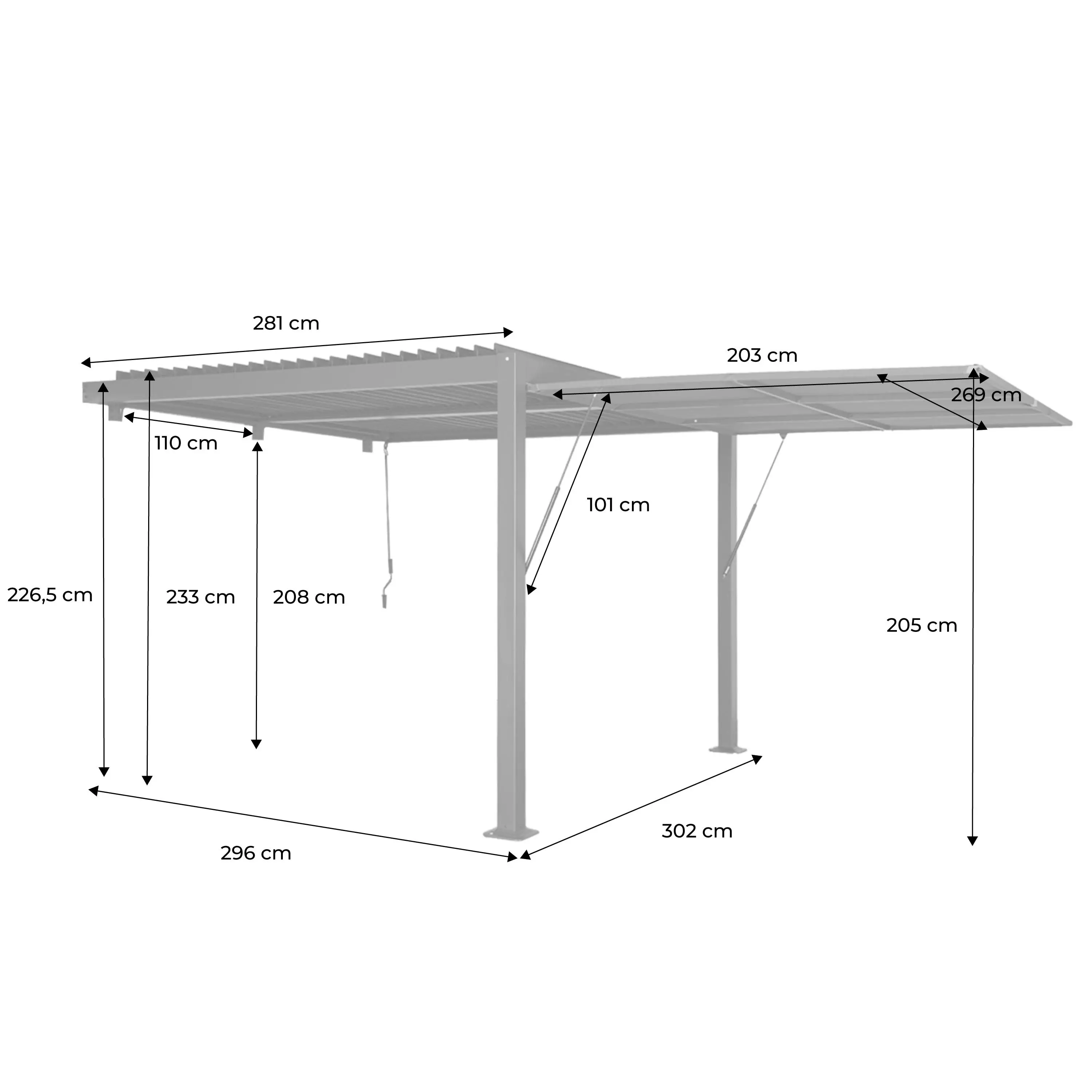 Pergola bioclimatique aluminium adossée 3x3m + auvent 3m Palace