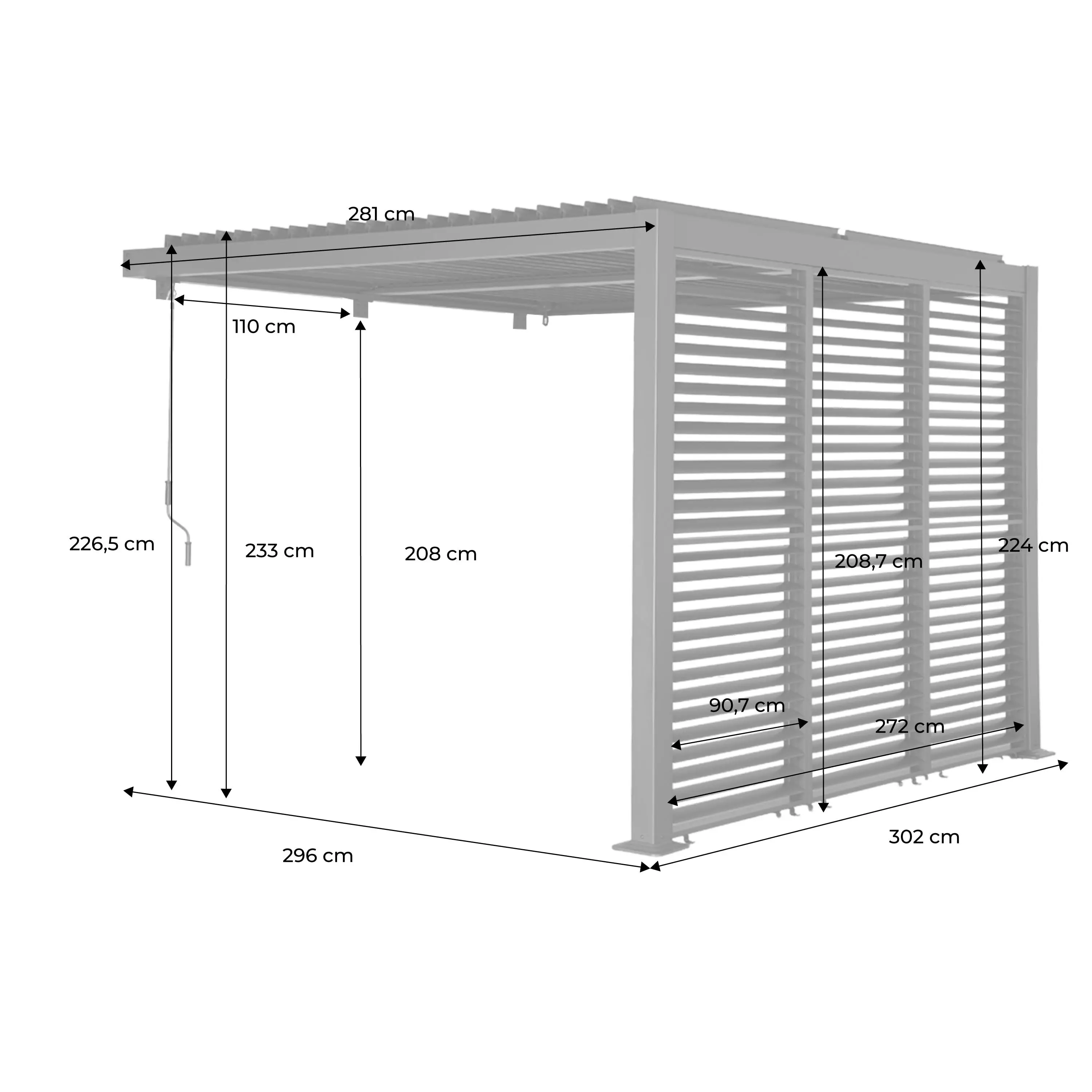 Pergola bioclimatique aluminium adossée 3x3m + 3 persiennes 100cm lames orientables Palace