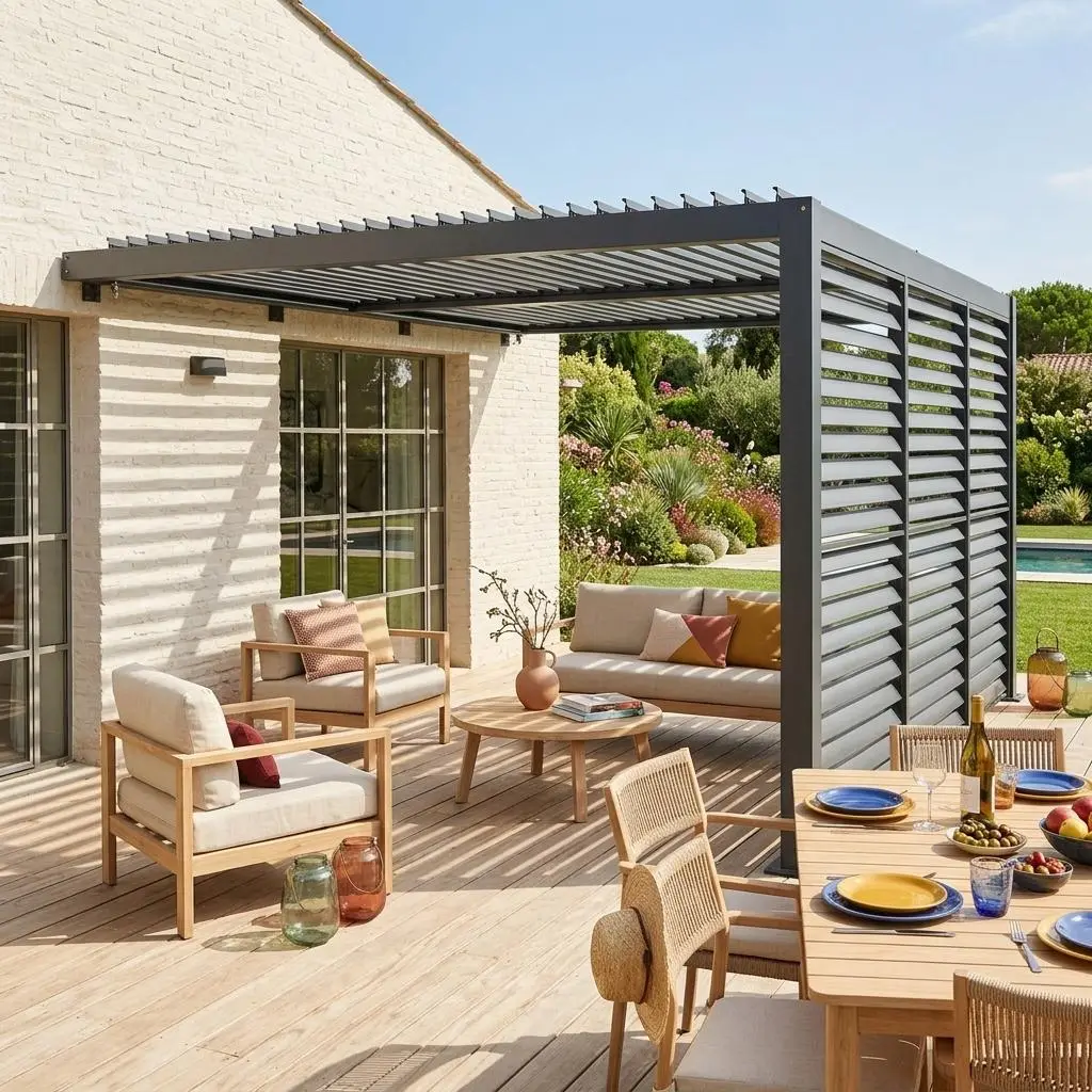Pergola bioclimatique aluminium adossée 4x3m + 3 persiennes 130cm Palace