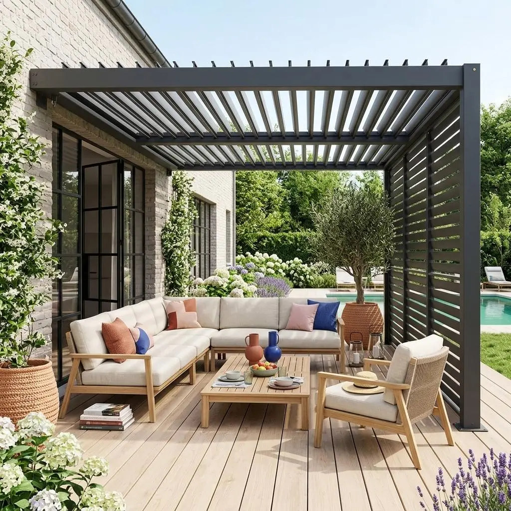 Pergola bioclimatique aluminium adossée 4x3m + 3 persiennes 130cm Palace