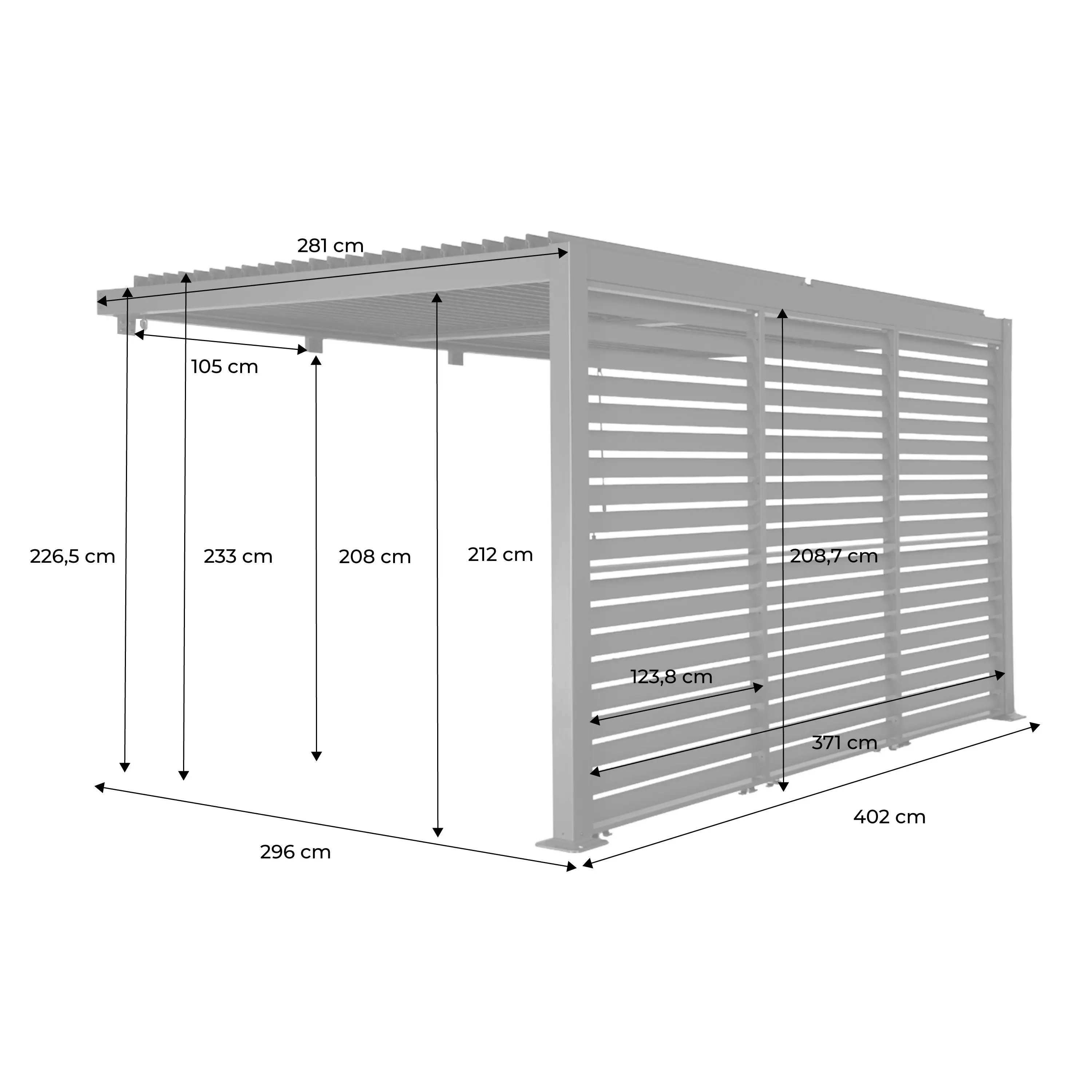 Pergola bioclimatique aluminium adossée 4x3m + 3 persiennes 130cm Palace