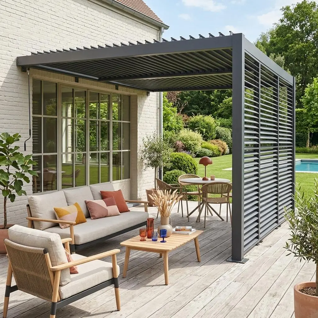 Pergola bioclimatique aluminium adossée 4x3m + 3 persiennes 130cm lames orientables Palace