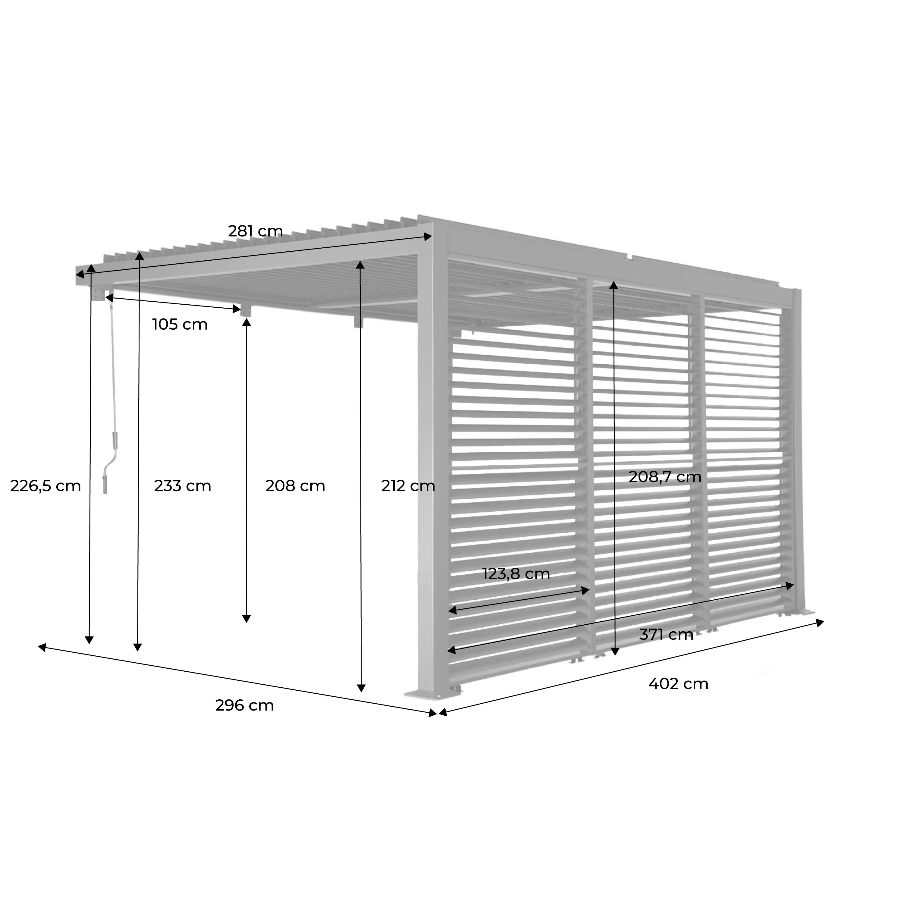Pergola bioclimatique aluminium adossée 4x3m + 3 persiennes 130cm lames orientables Palace