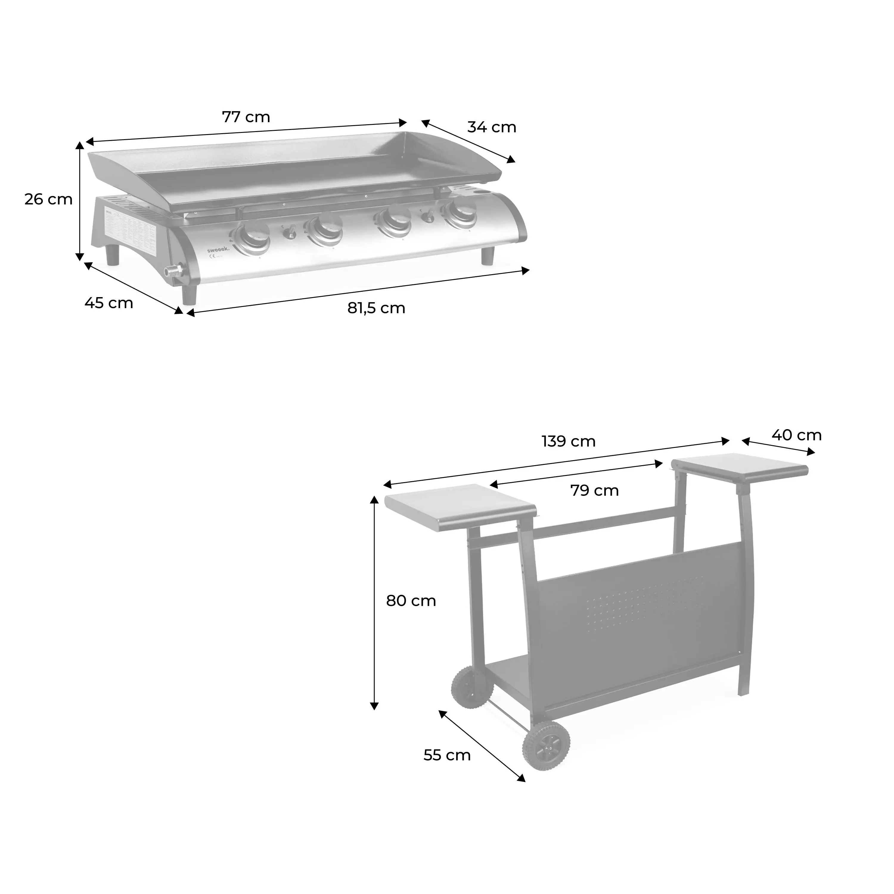 Plancha gaz 4 brûleurs inox 10kW avec chariot et ustensiles