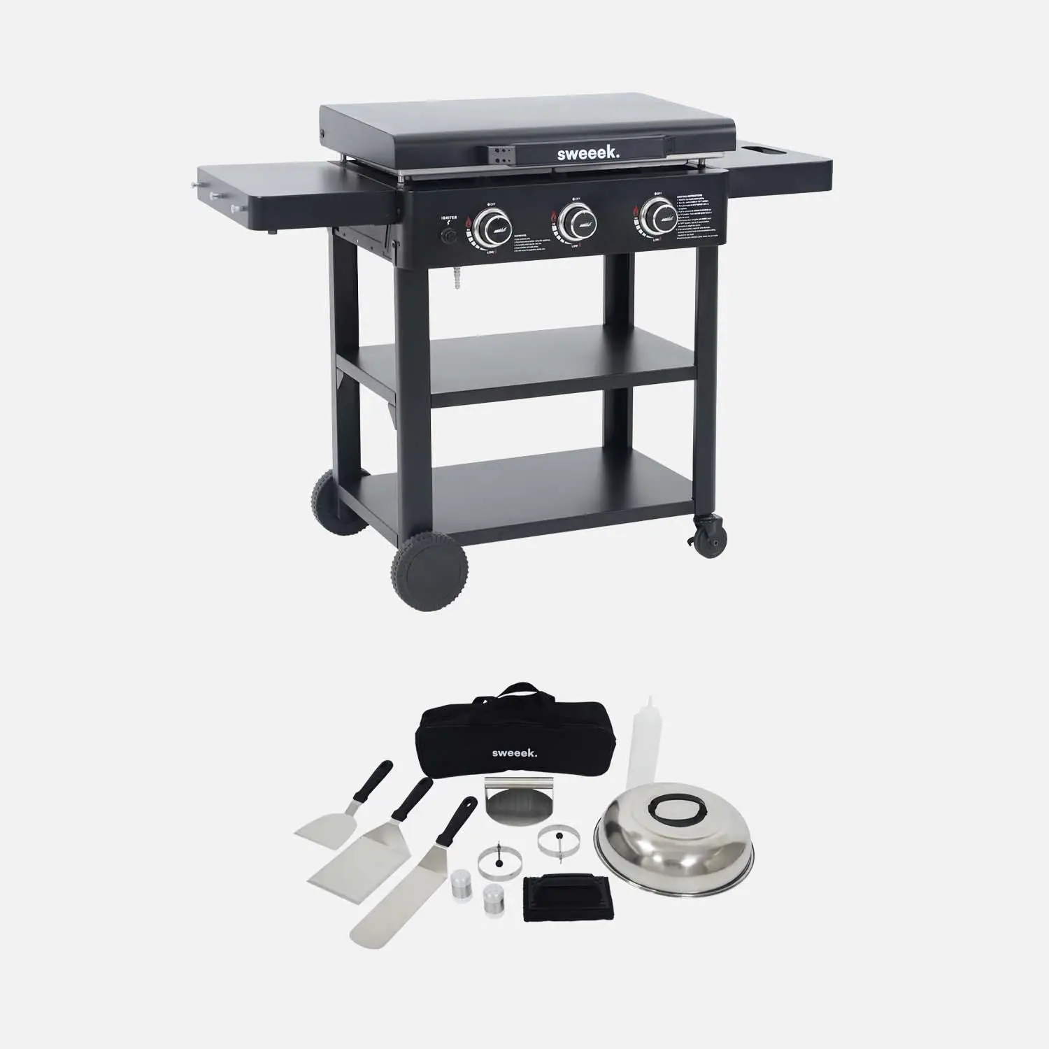 Plancha gaz 3 brûleurs acier inoxydable 12kW avec chariot et ustensiles