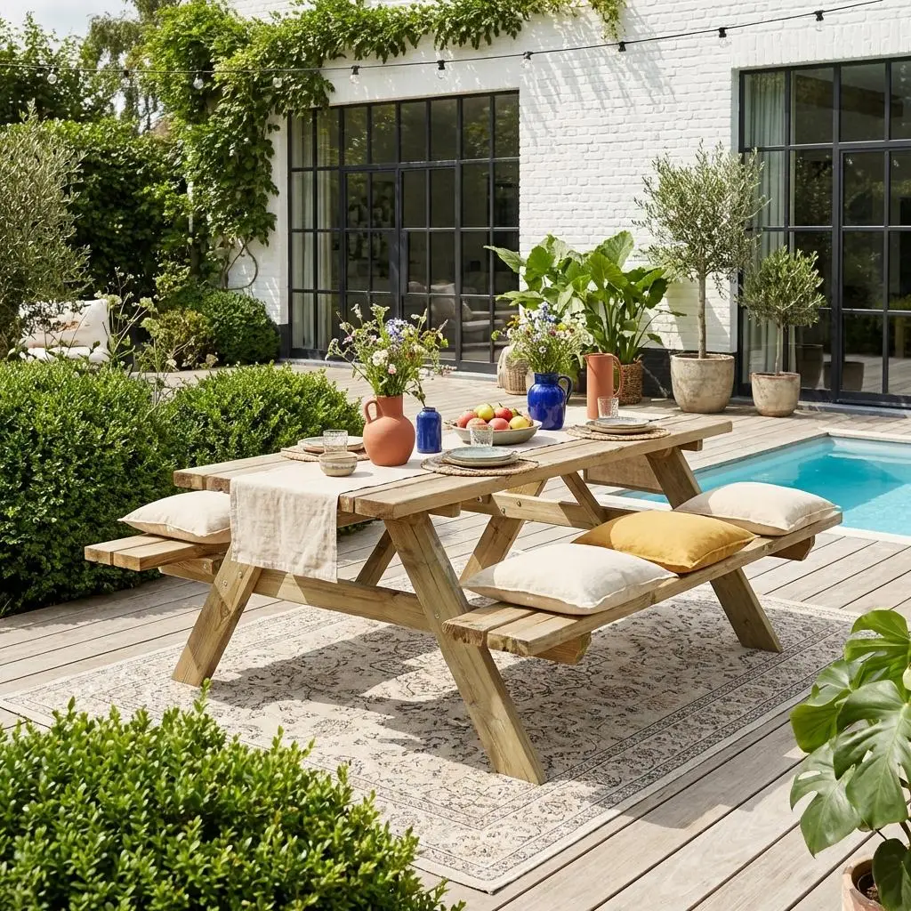 Table de pique nique bois de pin + 2 bancs