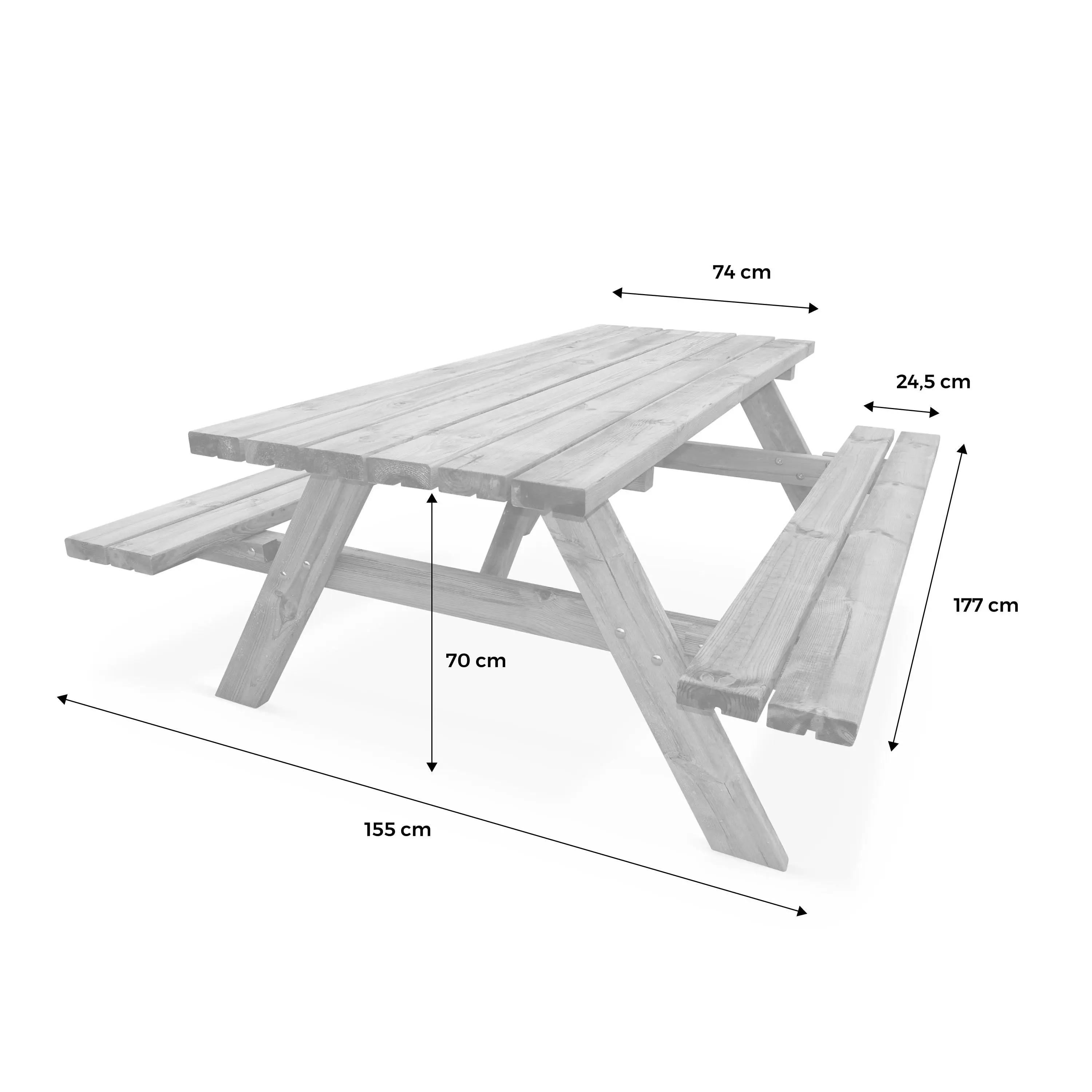 Table de pique-nique bois de pin + 2 bancs (lot de 4)