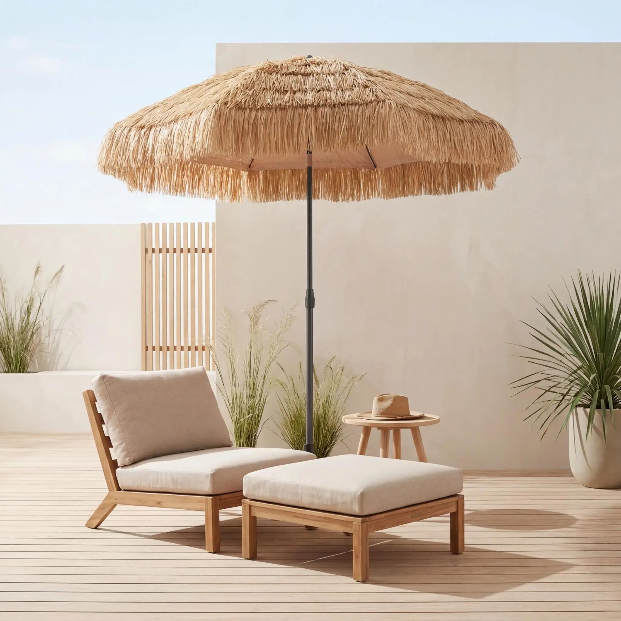 Parasol paille droit acier imitation bois, exotique