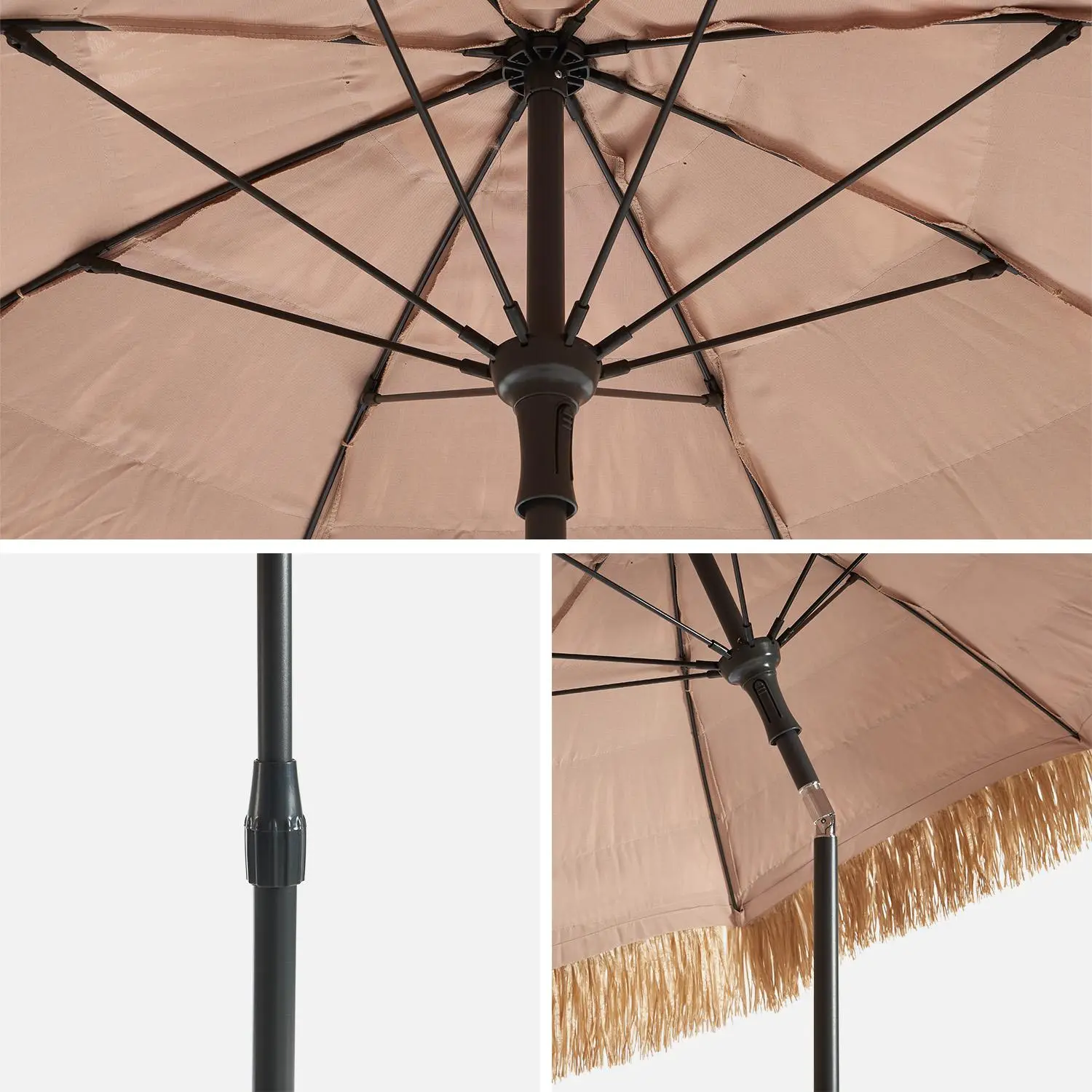 Parasol paille droit acier imitation bois, exotique