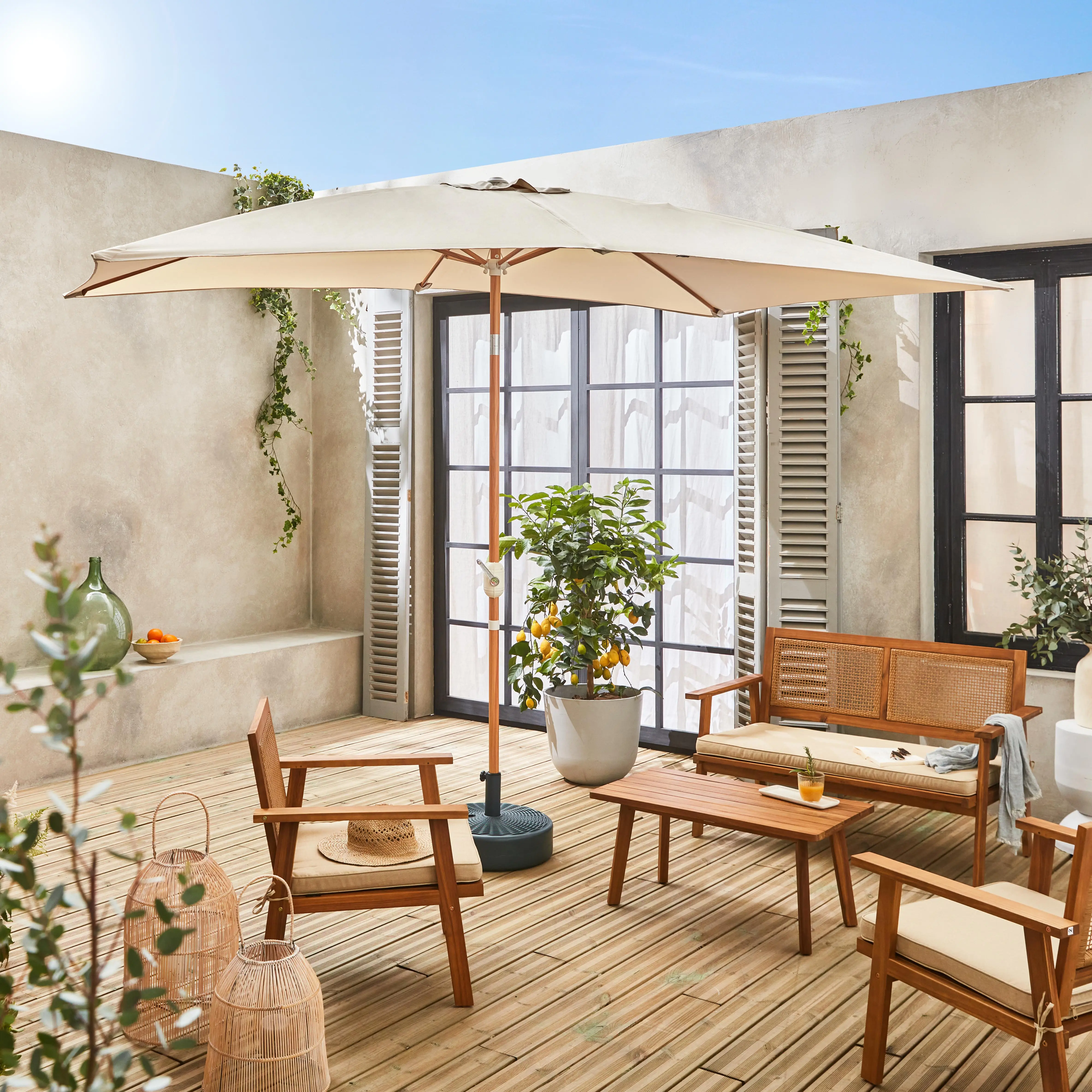 Parasol mât central rectangulaire 2x3m, mât effet bois