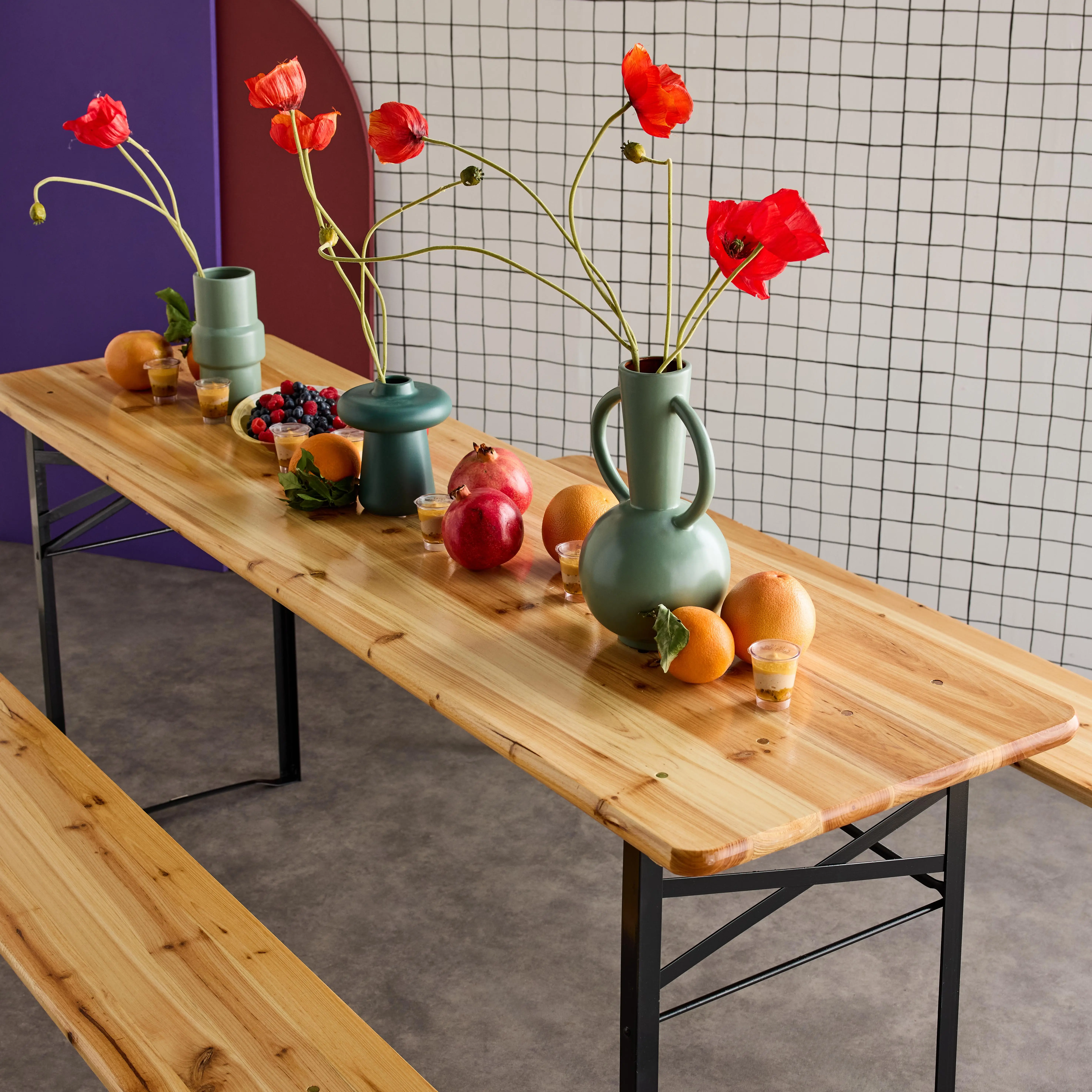 Table de jardin pliante bois de sapin + 2 bancs