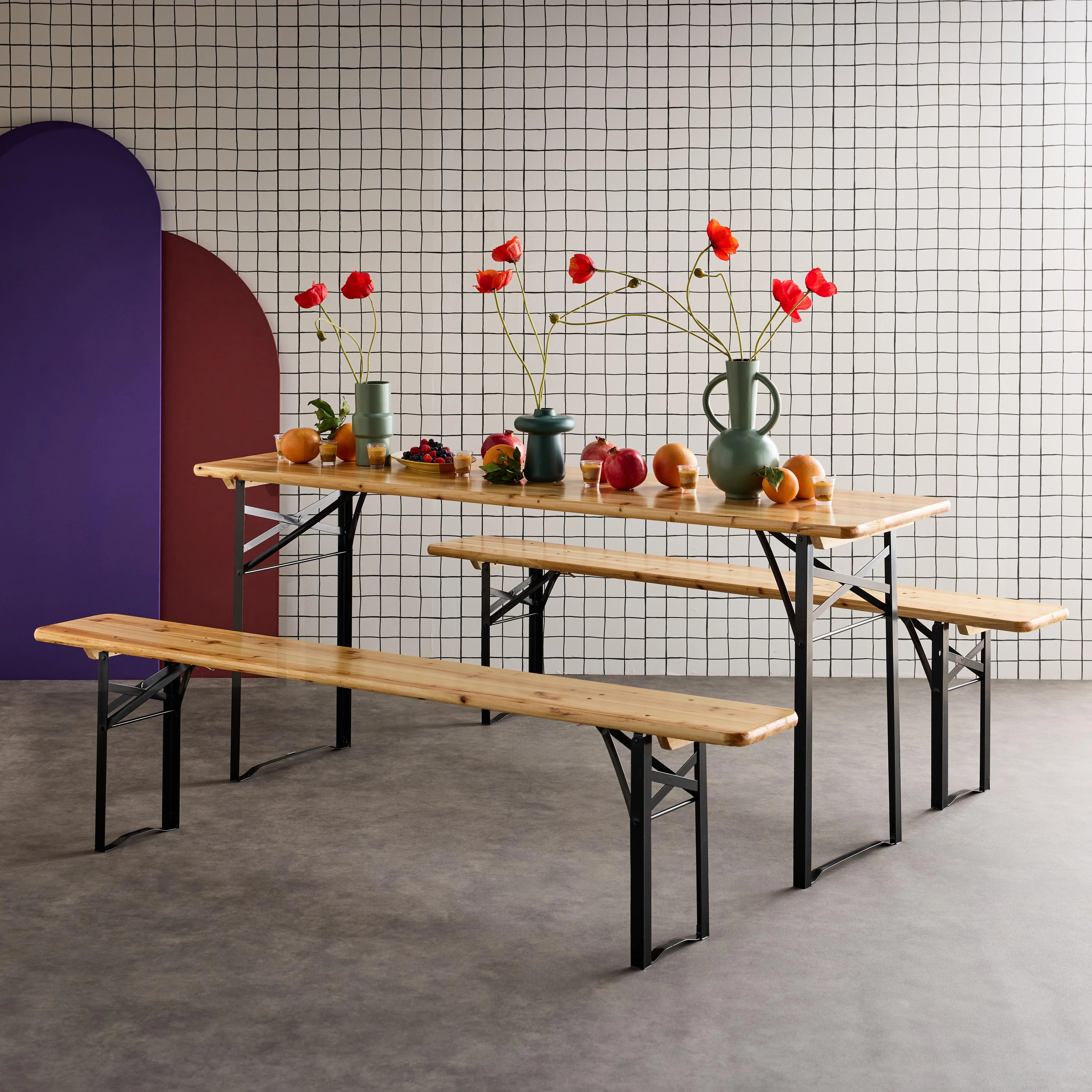 Table de réception pliante bois de sapin + 2 bancs (lot de 2)