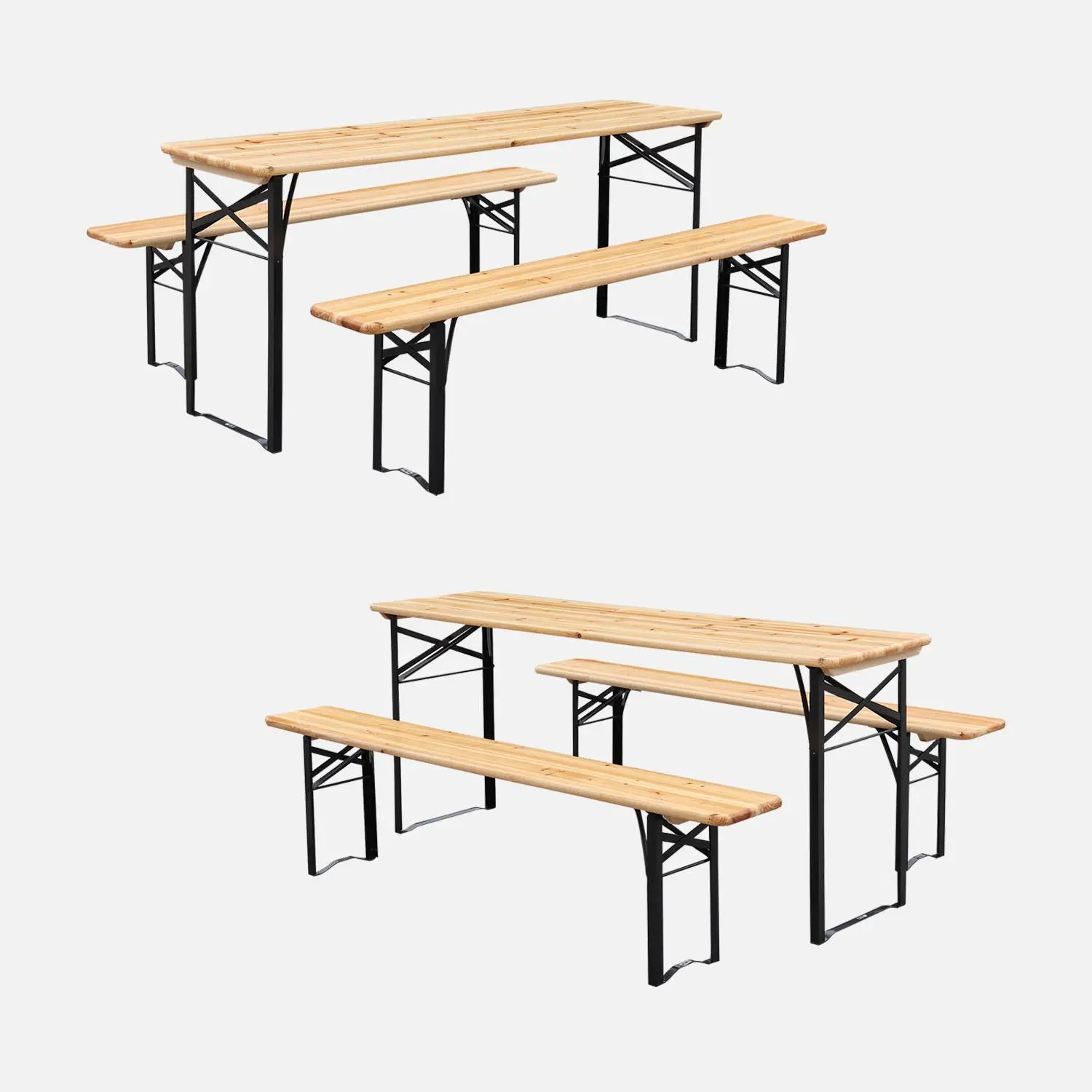 Table de réception pliante bois de sapin + 2 bancs (lot de 2)
