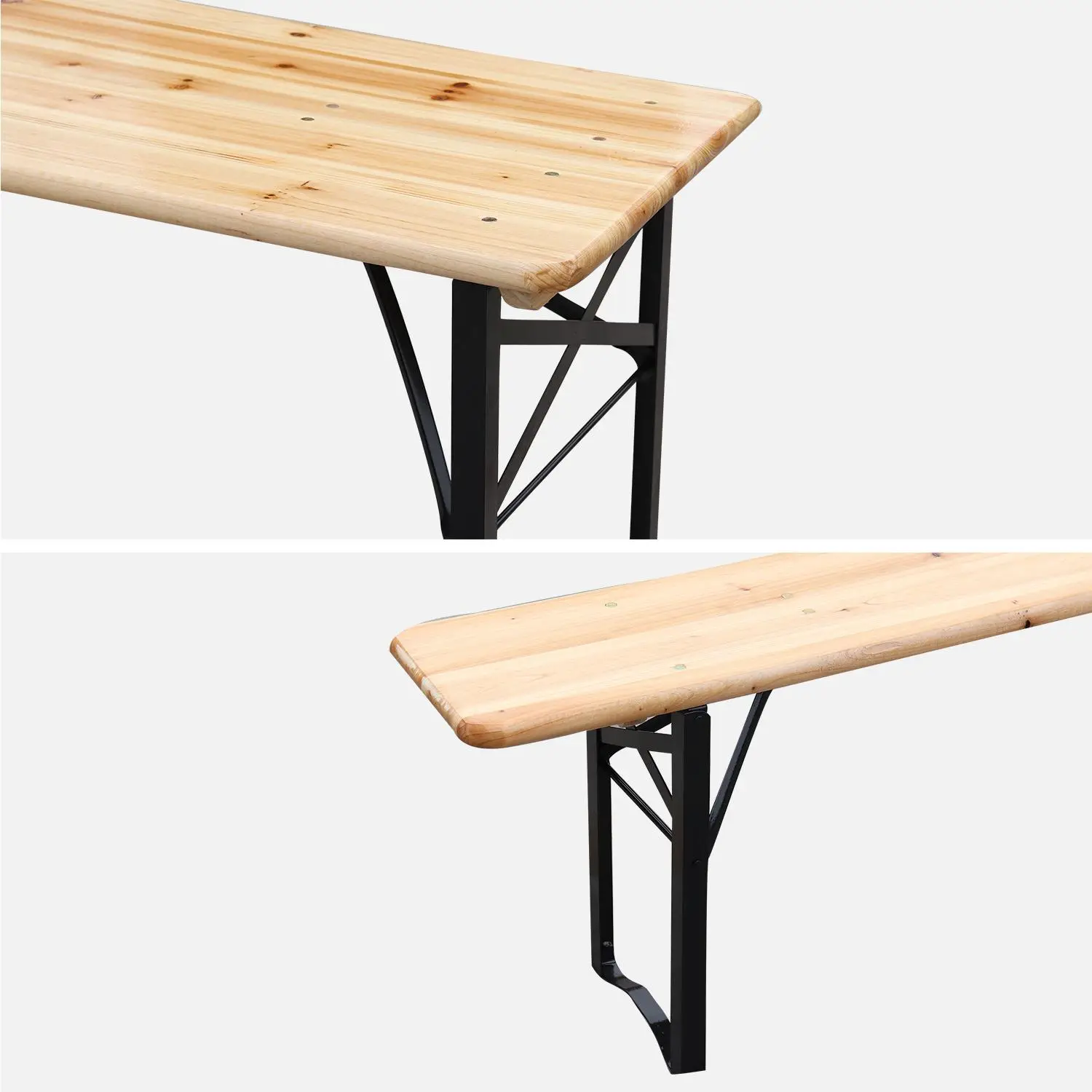 Table de réception pliante bois de sapin + 2 bancs (lot de 2)