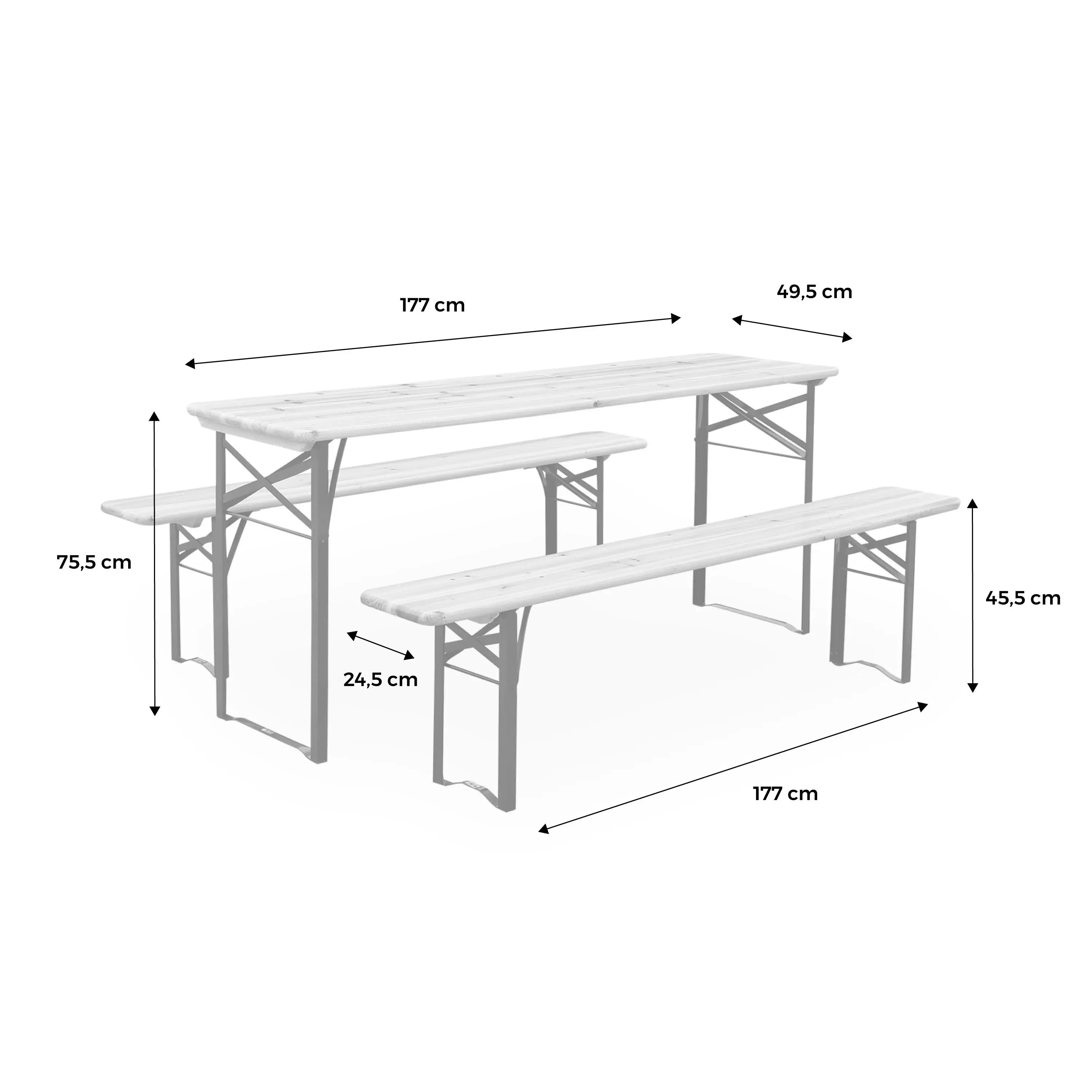 Table de réception pliante bois de sapin + 2 bancs (lot de 2)