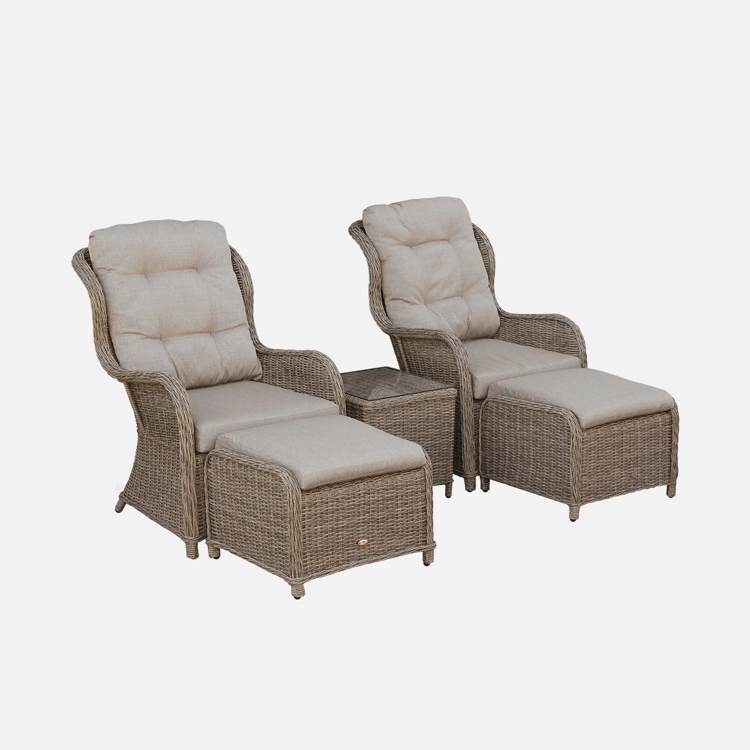 Fauteuil de jardin + repose pieds résine tressée ronde (lot de 2)