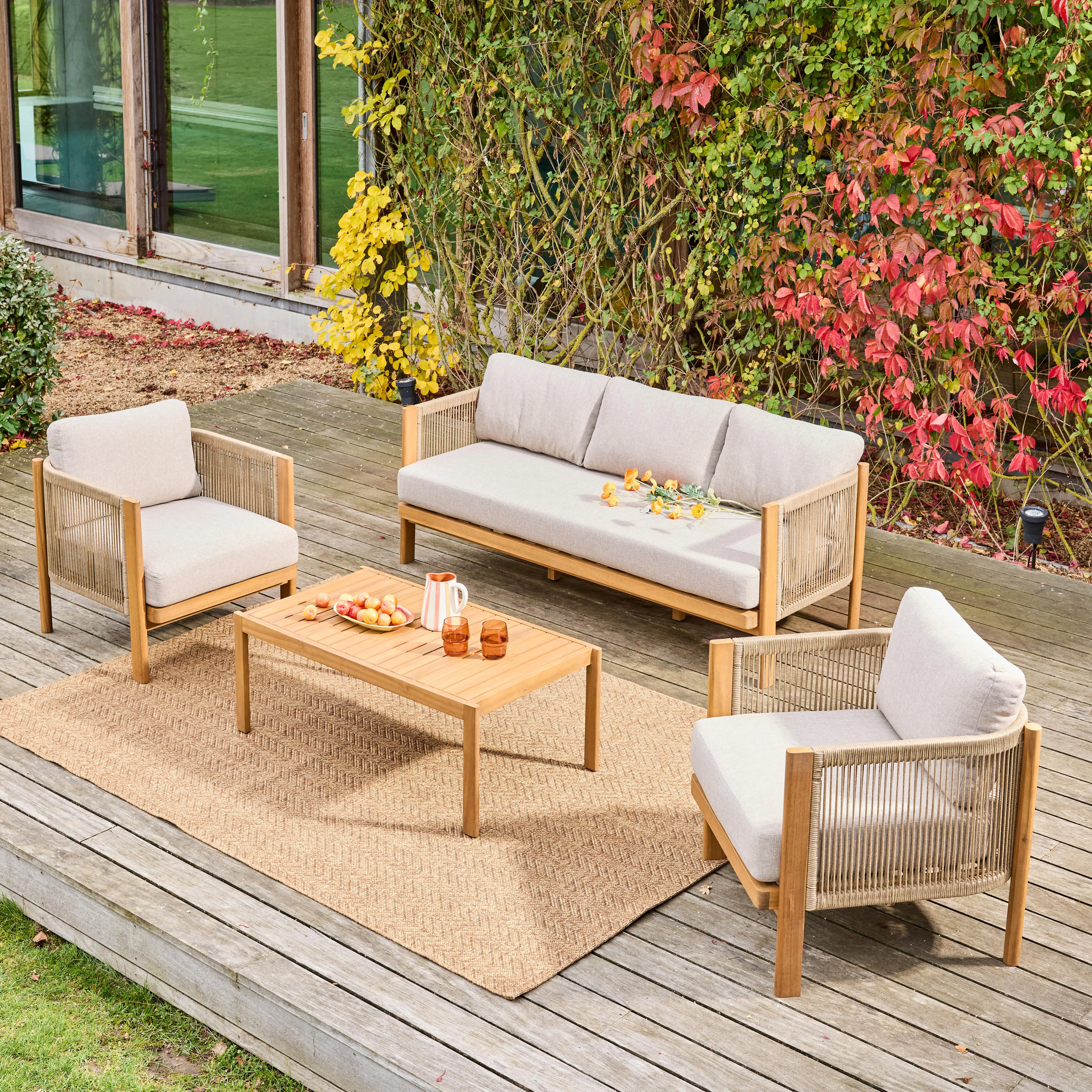 Salon de jardin acacia et cordes 5 places