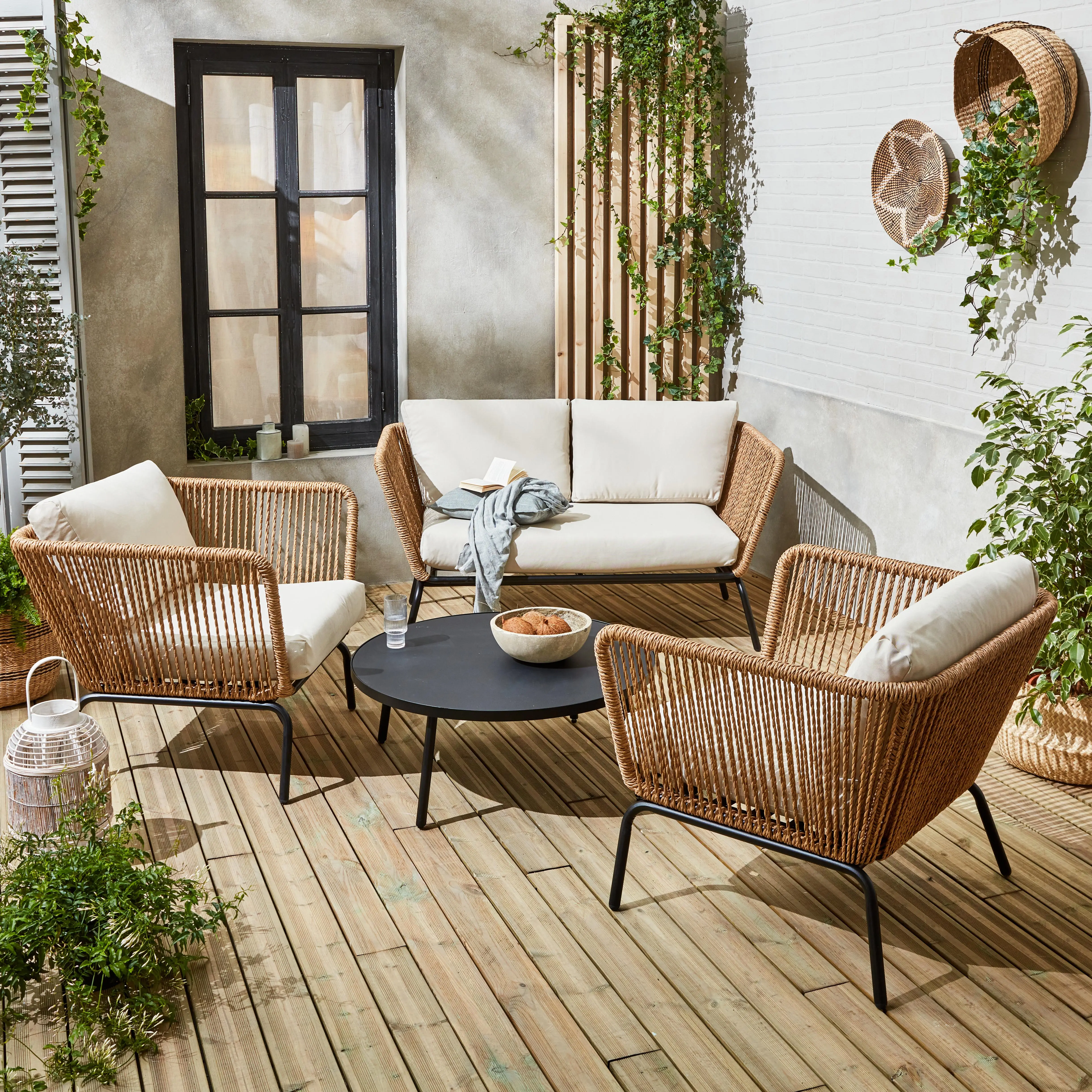 Salon de jardin bas résine tressée effet corde 4 places