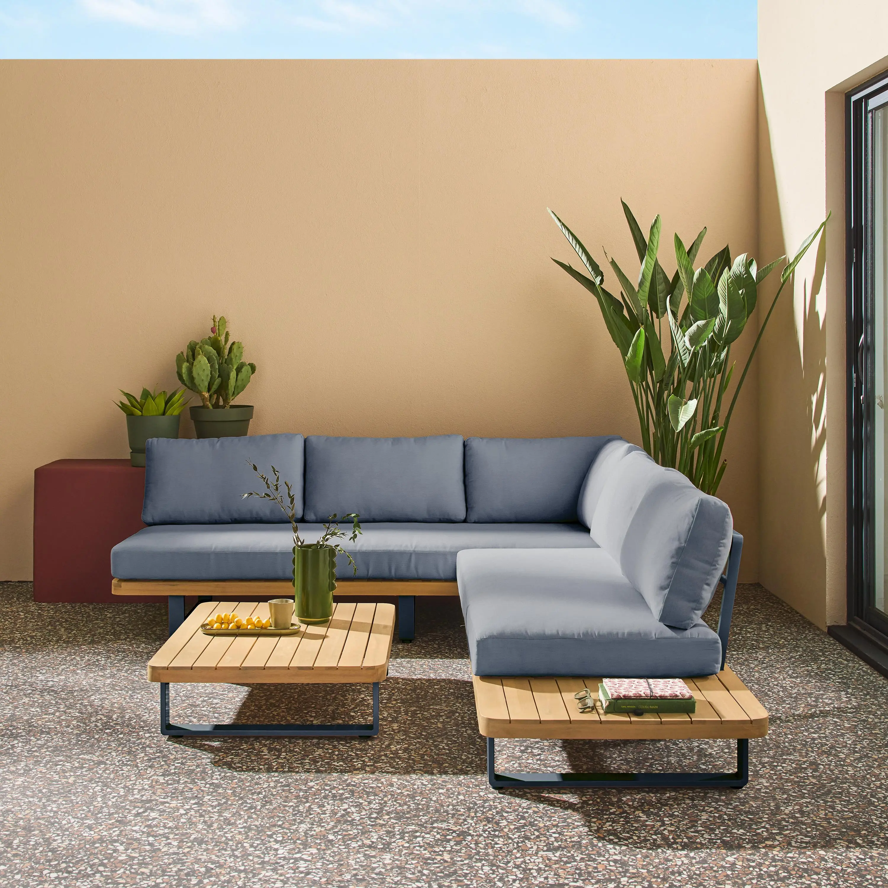 Salon de jardin d'angle bois d'acacia et aluminium 5 places