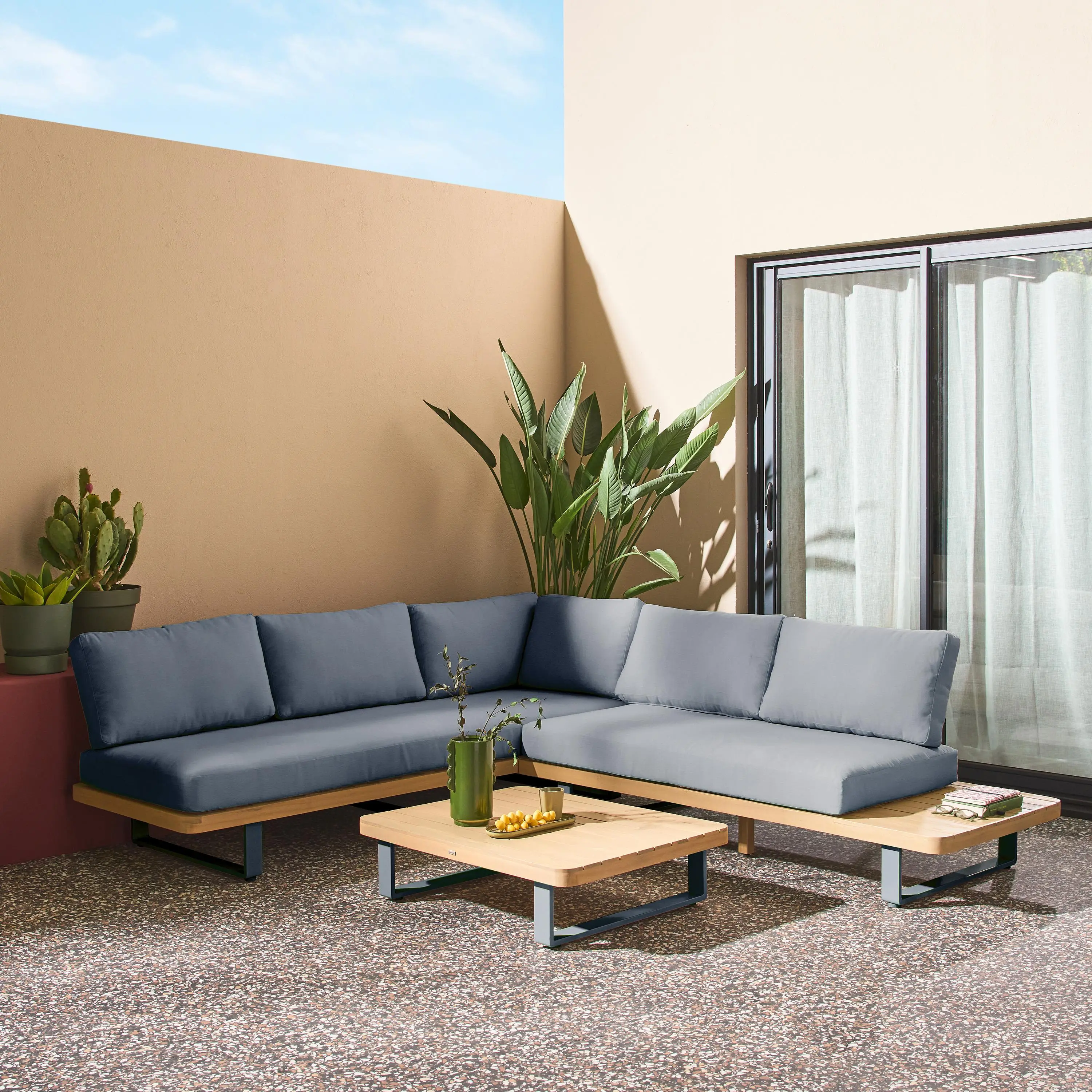 Salon de jardin d'angle bois d'acacia et aluminium 5 places